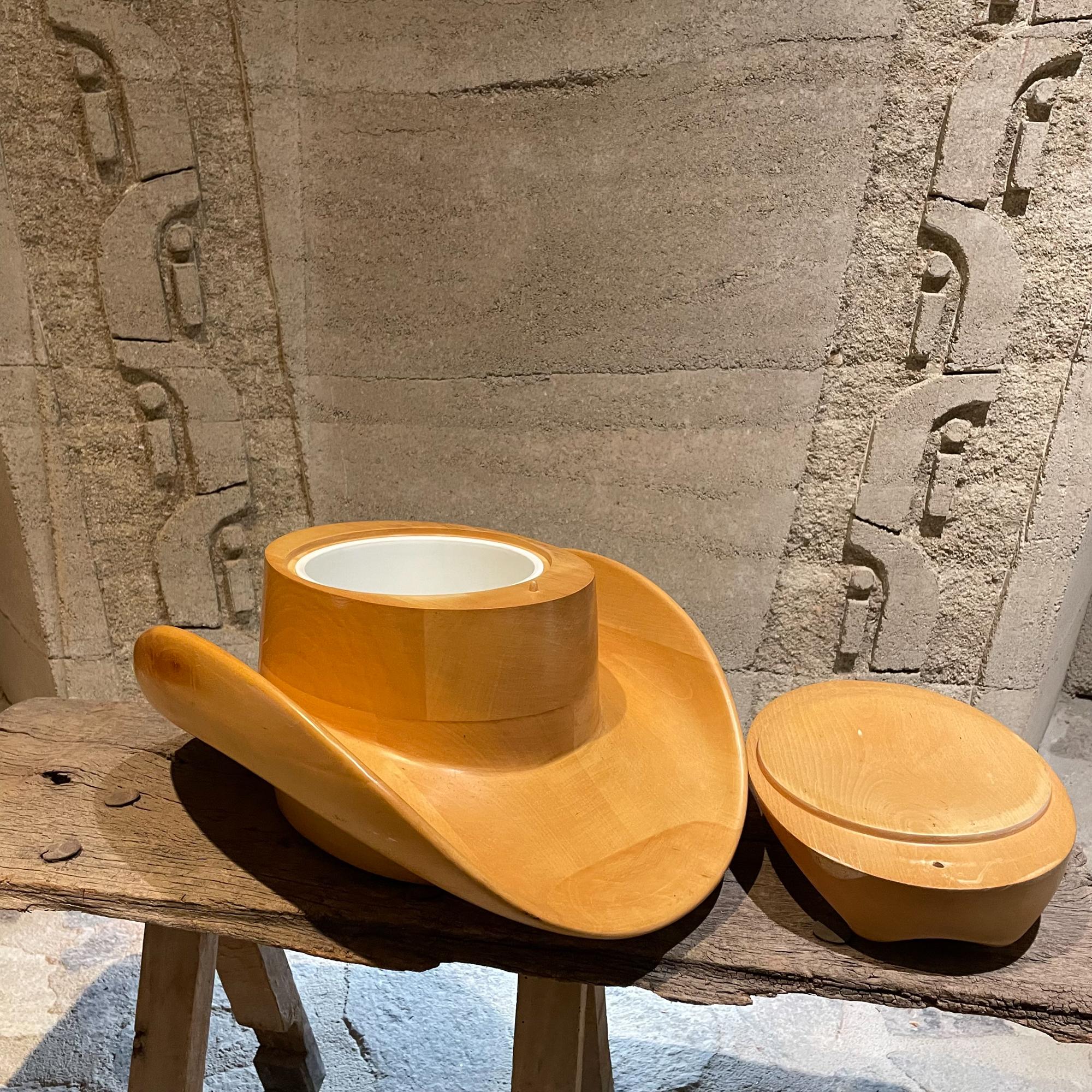 Mid-Century Modern Urban Italian Cowboy Hat Ice Bucket Maple Wood Alfonso Bini Firenze Italy 1970s