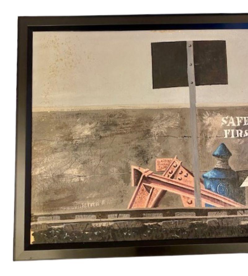 Paysage urbain avec passage à niveau, par John Austin (Nantucket : 1918 - 2000), vers les années 1990, une peinture de paysage urbain à la détrempe sur panneau intitulée 