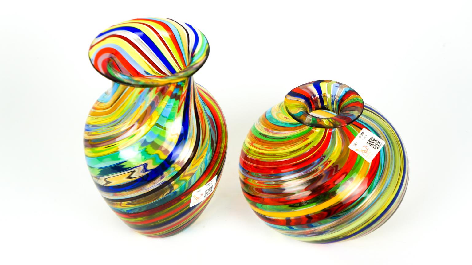 Italian Urban Mid-Century Modern Colored Pair of Murano Glass Vases, 1994