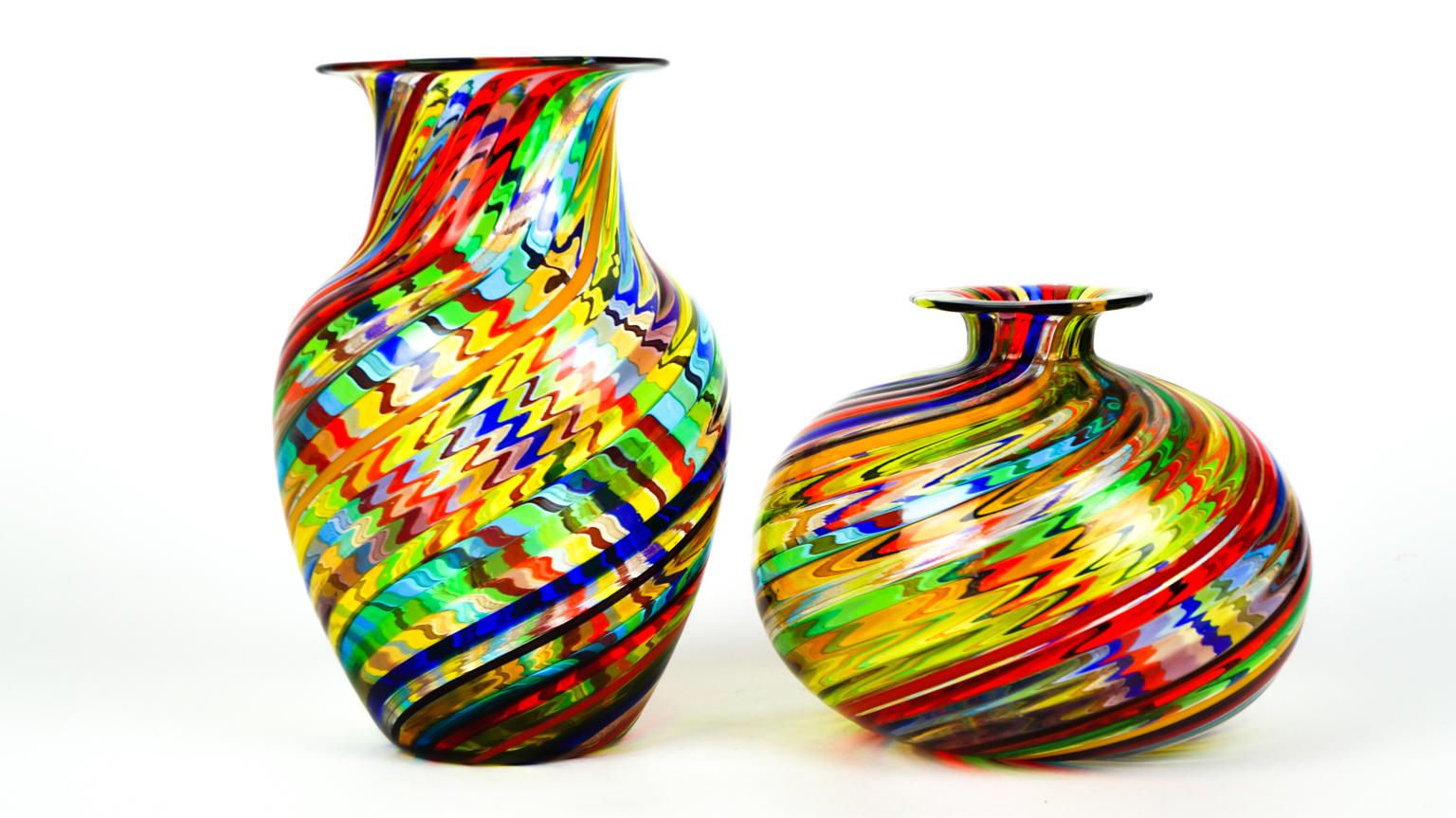 Hand-Crafted Urban Mid-Century Modern Colored Pair of Murano Glass Vases, 1994