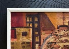 Urban Mid-century Modernism Abstract Cubist Cityscape Painting, Olio su Tela