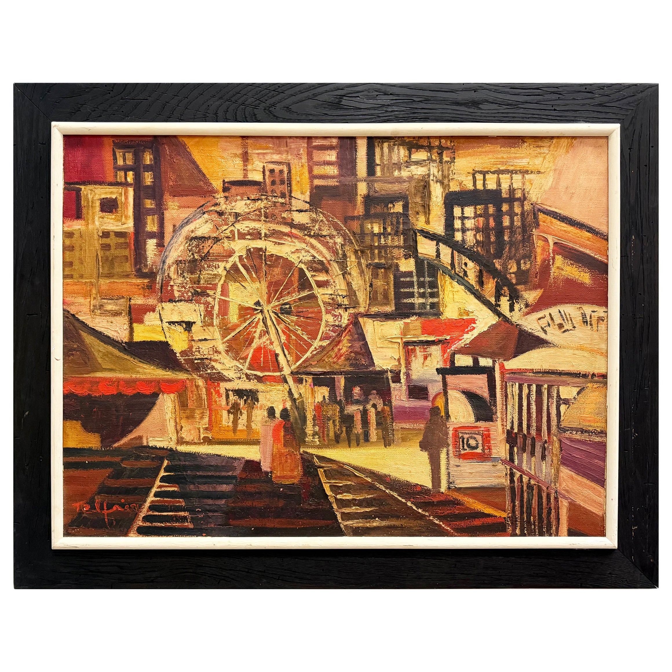 Urban Mid-century Modernism Abstract Cubist Cityscape Painting, Oil on Canvas
