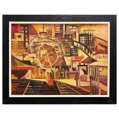 Urban Mid-century Modernism Abstract Cubist Cityscape Painting, Olio su Tela