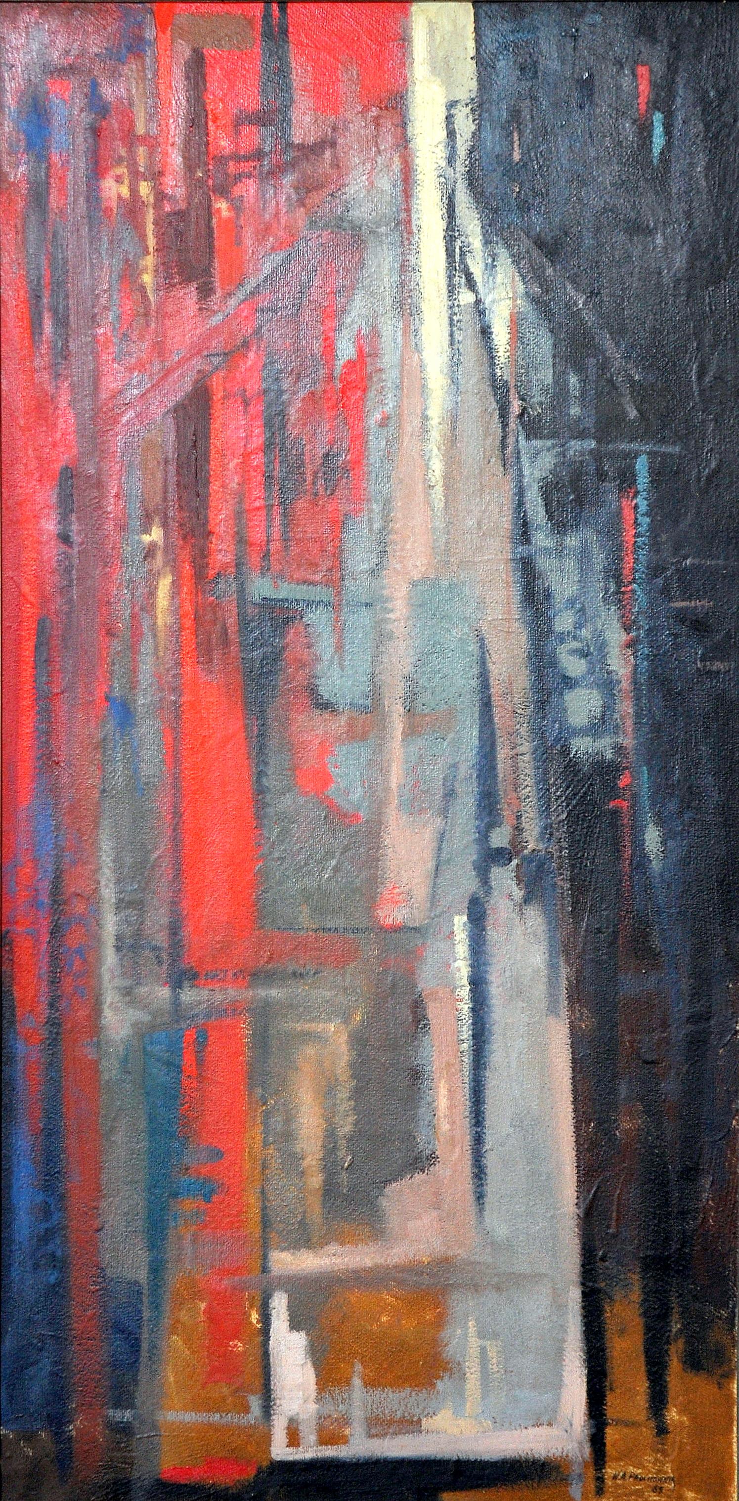 Original abstract oil painting by Walter A. Prochownik (1923-2000) with vibrant red, blue, amber and grey tones. Signed and dated. Artist framed, unframed size: 48 inches x 24 inches.

Walter A. Prochownik was an internationally recognized painter