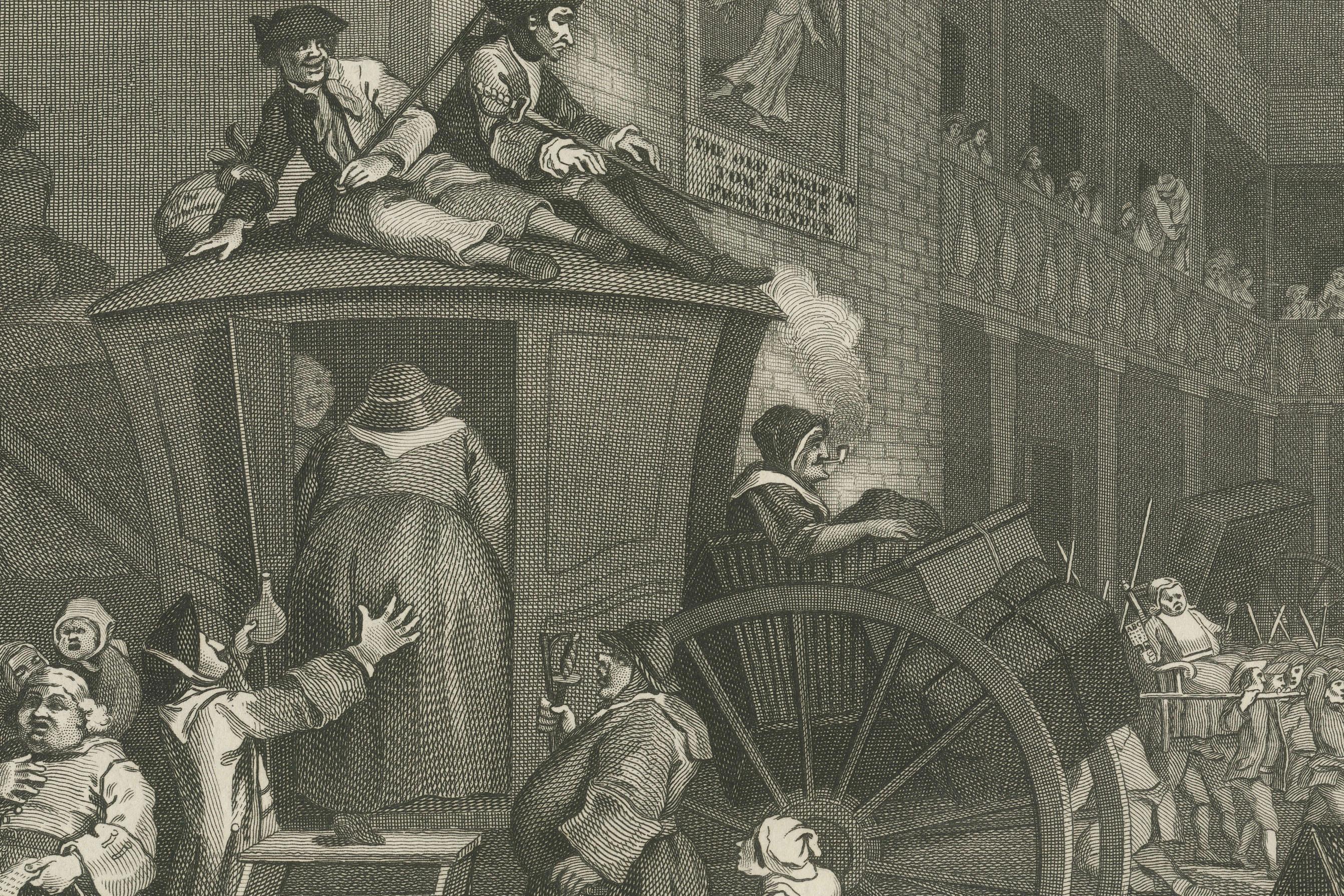 Two prints on one plate. The Times contains some of Hogarth's most pessimistic imagery upon the political machinations and corruptions of the day. A Country Inn Yard is one of Hogarth's notable engravings of the 1740s.  

Two copper engravings on a