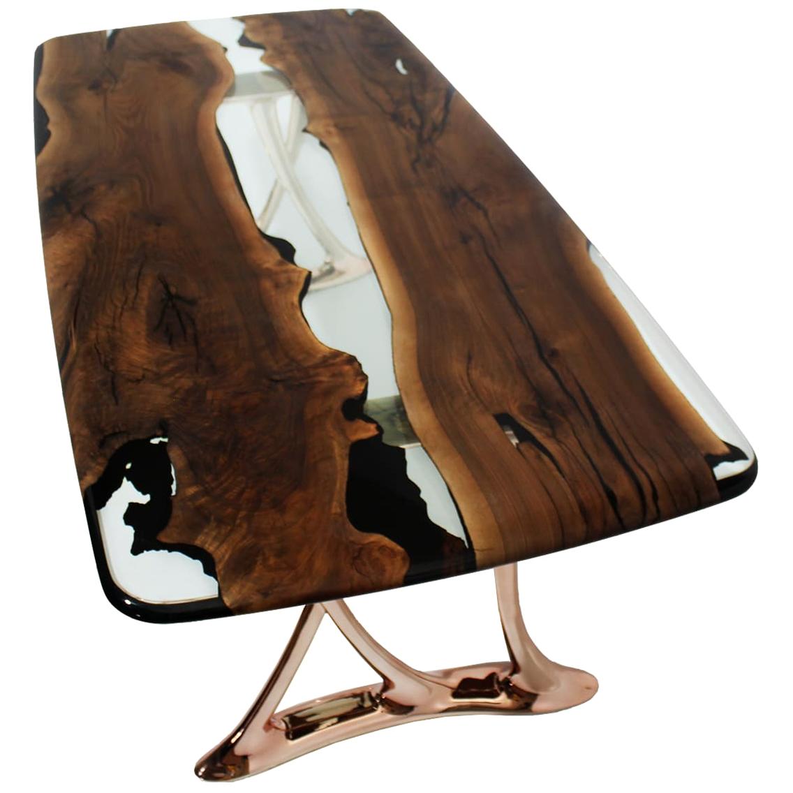 Urbane Epoxy Resin Dining Table with Sand Casted Aluminum Rose Gold Base For Sale