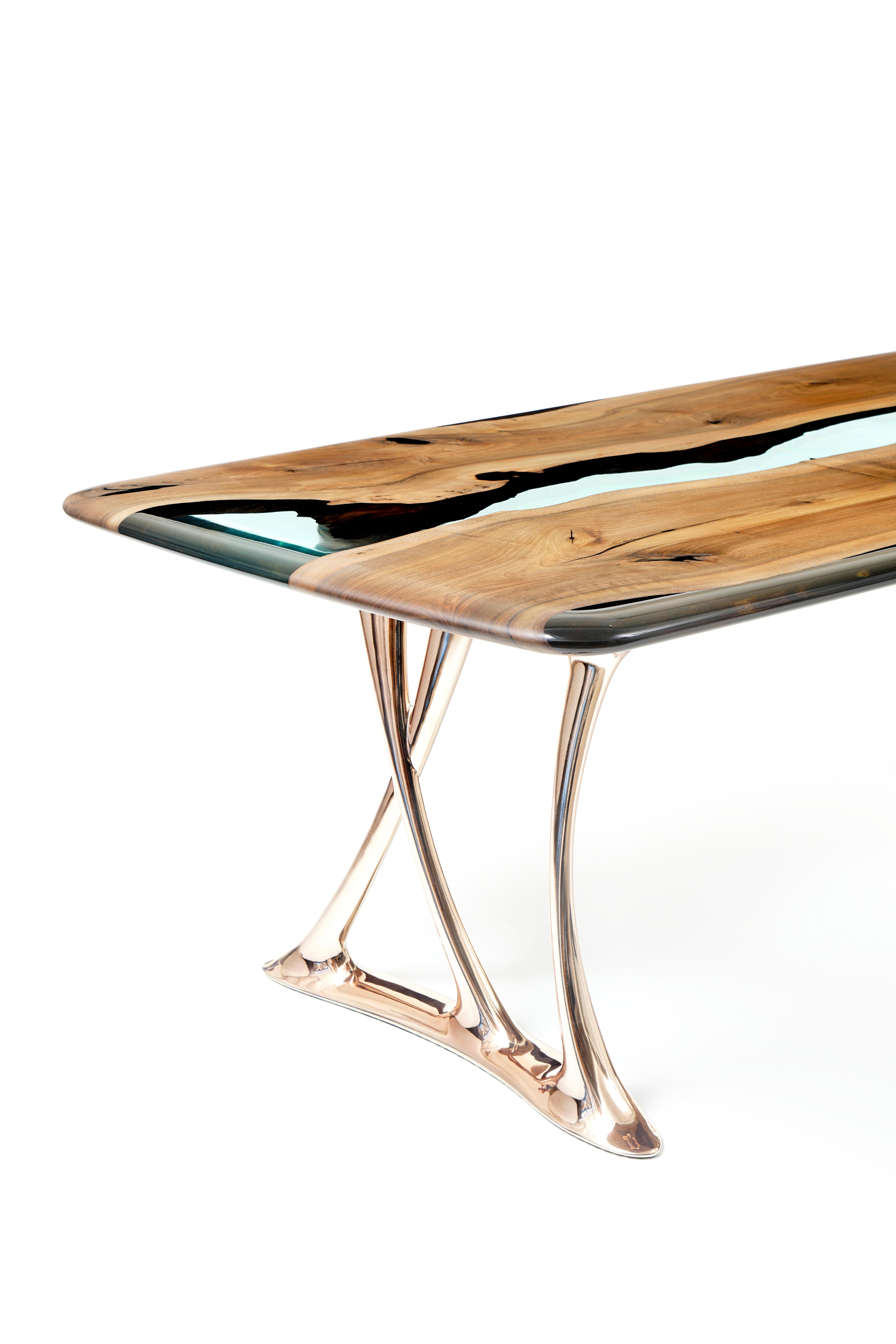 Mid-Century Modern Urbane Epoxy Resin Dining Table with Sand Casted Aluminum Rose Gold Base For Sale