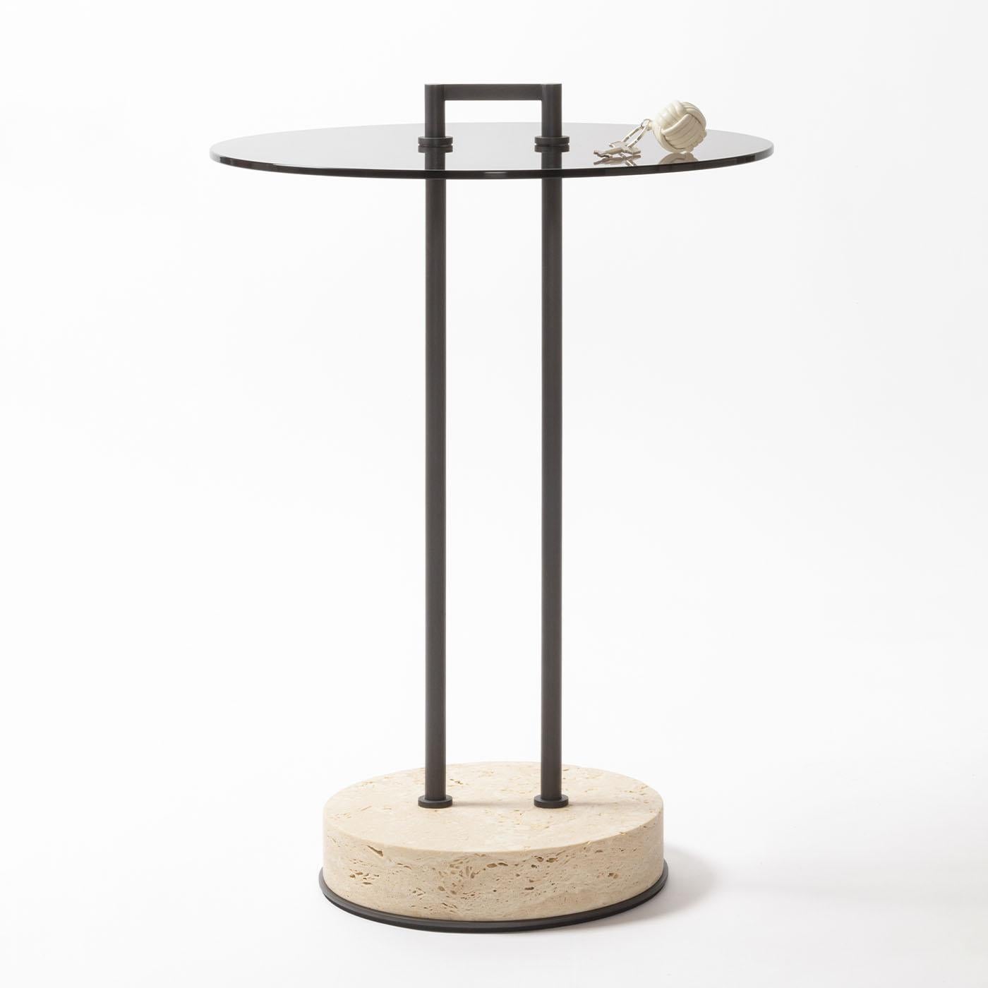 Metal structure available in three different finishes featuring a fine marble base and a glass top which can be either transparent or dark bronze-colored. This slim, elegantly functional occasional table is the ideal solution to enhance any corner