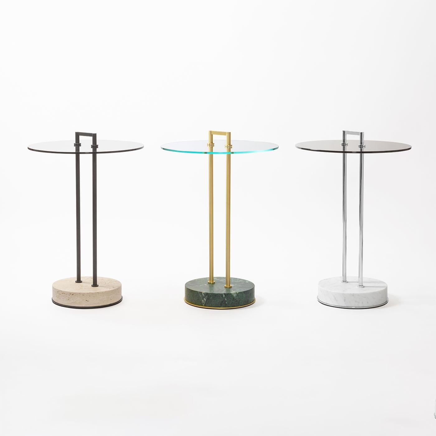 Metal structure available in three different finishes featuring a fine marble base and a glass top which can be either transparent or dark bronze-colored. This slim, elegantly functional occasional table is the ideal solution to enhance any corner