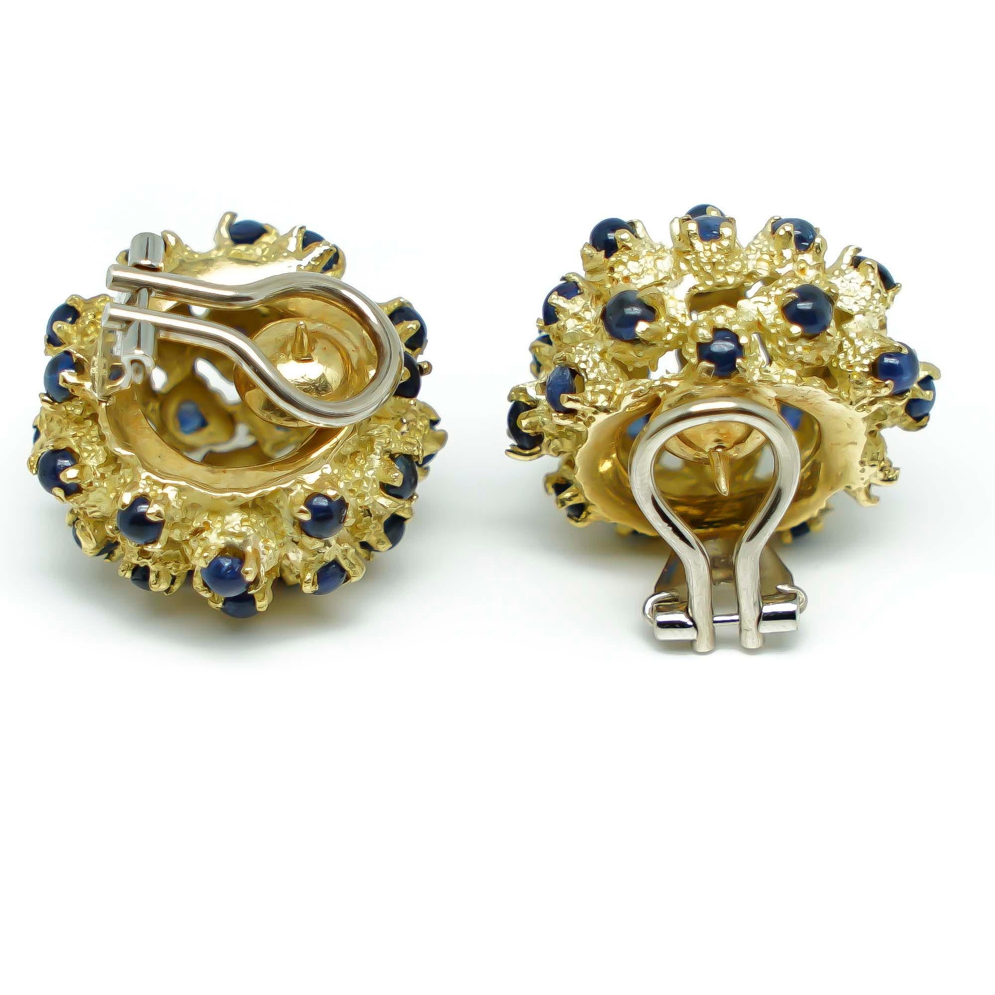 Aesthetic Movement Urchin Earrings with Sapphires Cabochon in Gold 18 Karats Liberty  For Sale