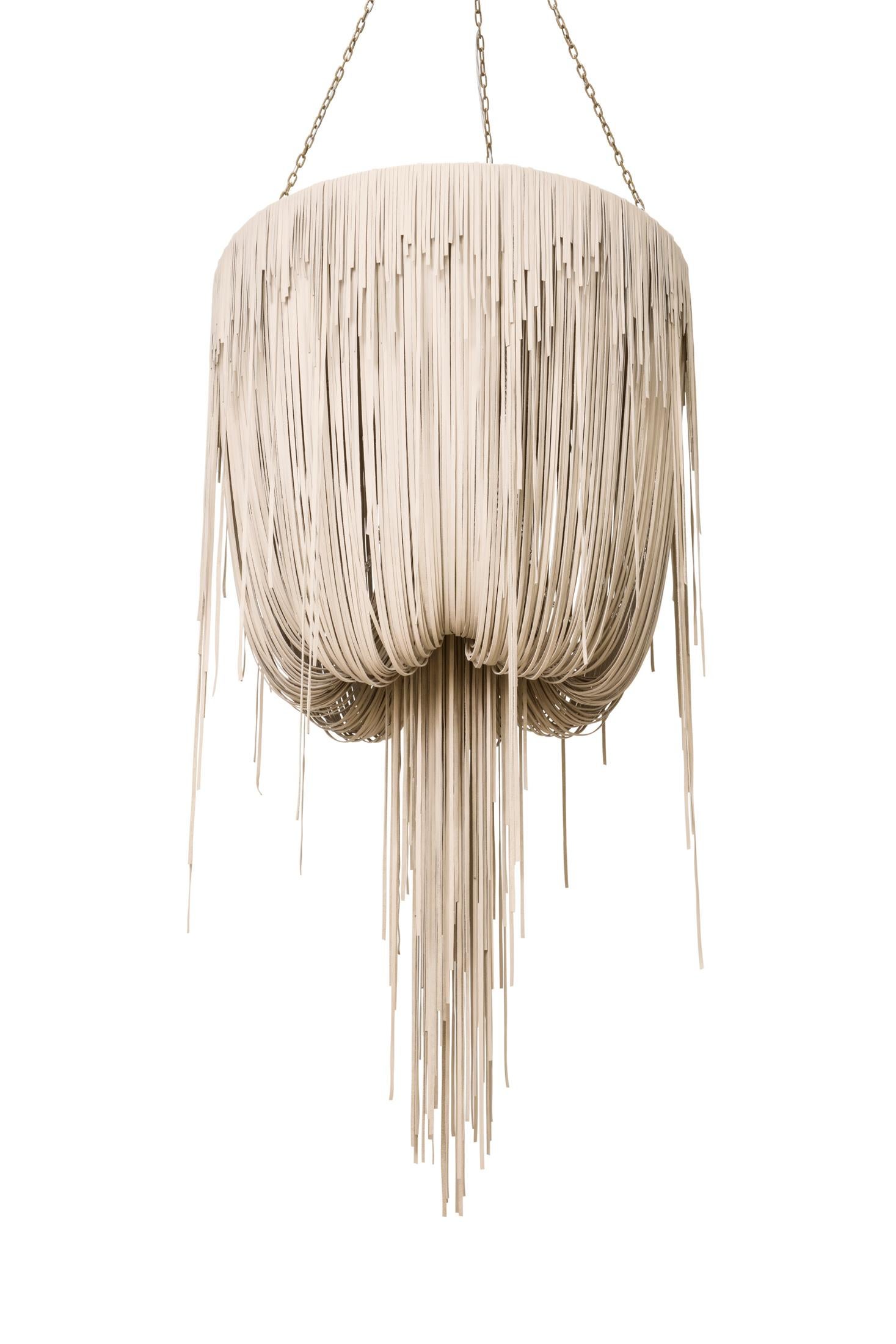 Urchin Leather Chandelier, Medium in Cream-Stone Leather For Sale 4