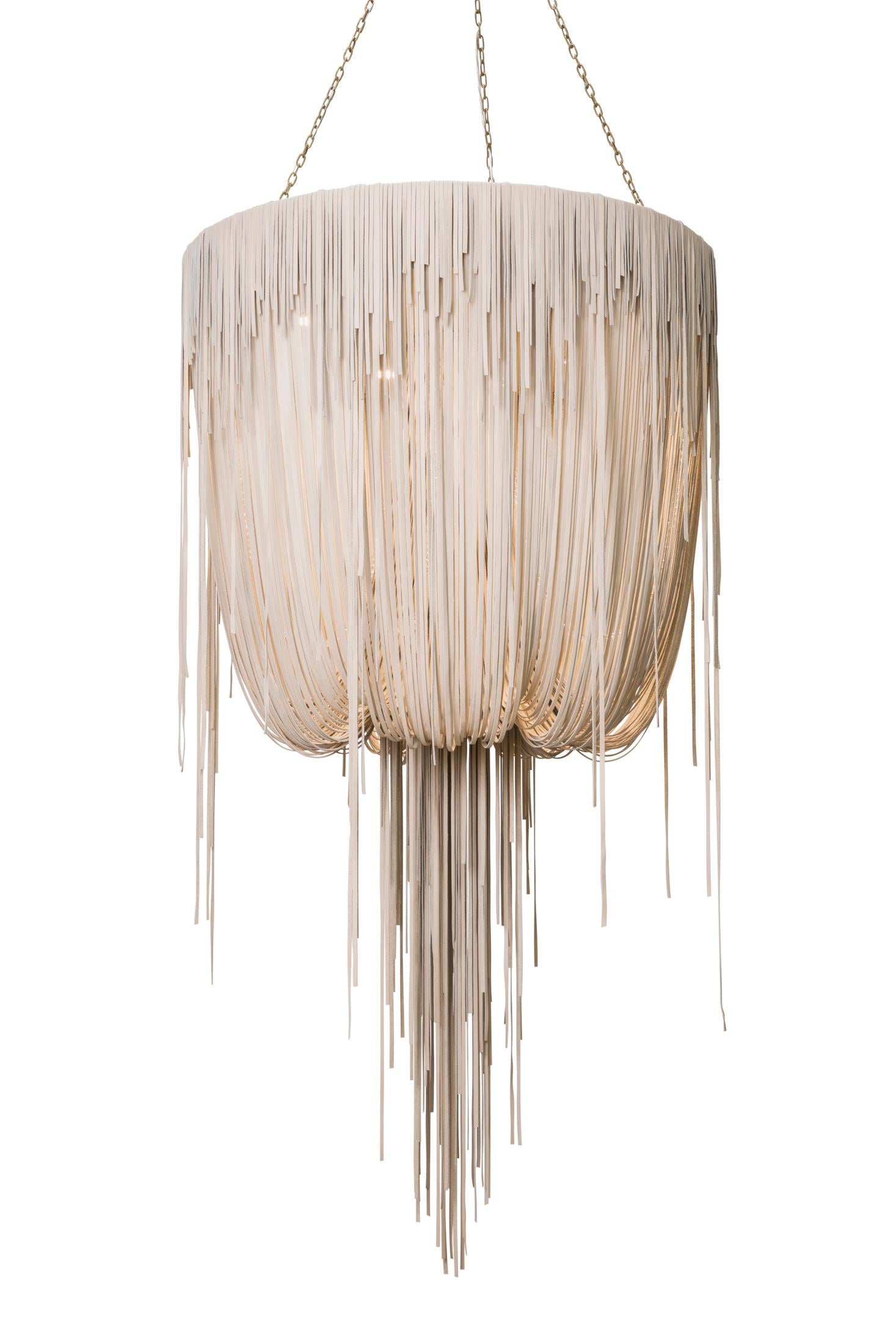 Urchin Leather Chandelier, Medium in Cream-Stone Leather For Sale 5