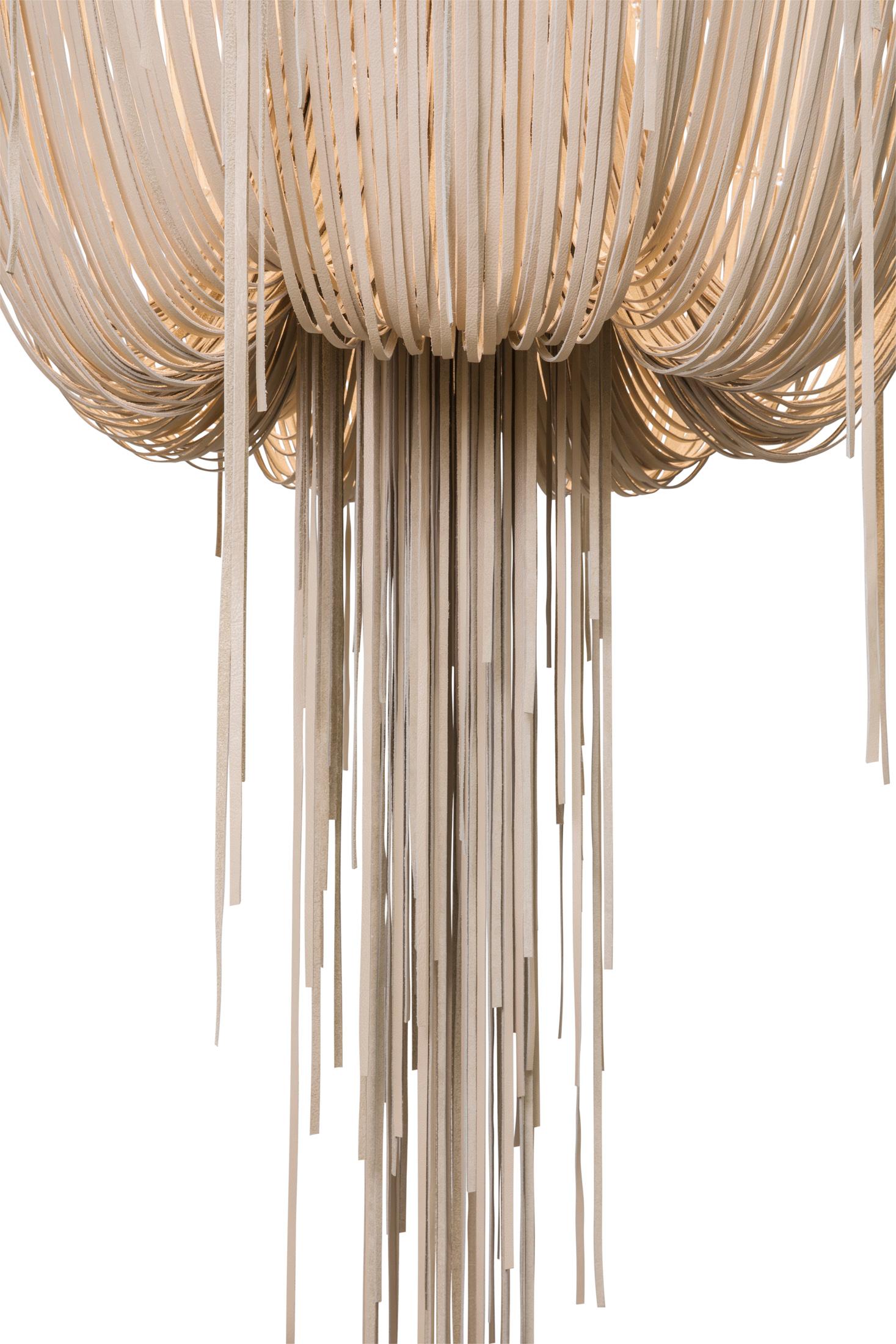 Contemporary Urchin Leather Chandelier, Medium in Cream-Stone Leather For Sale