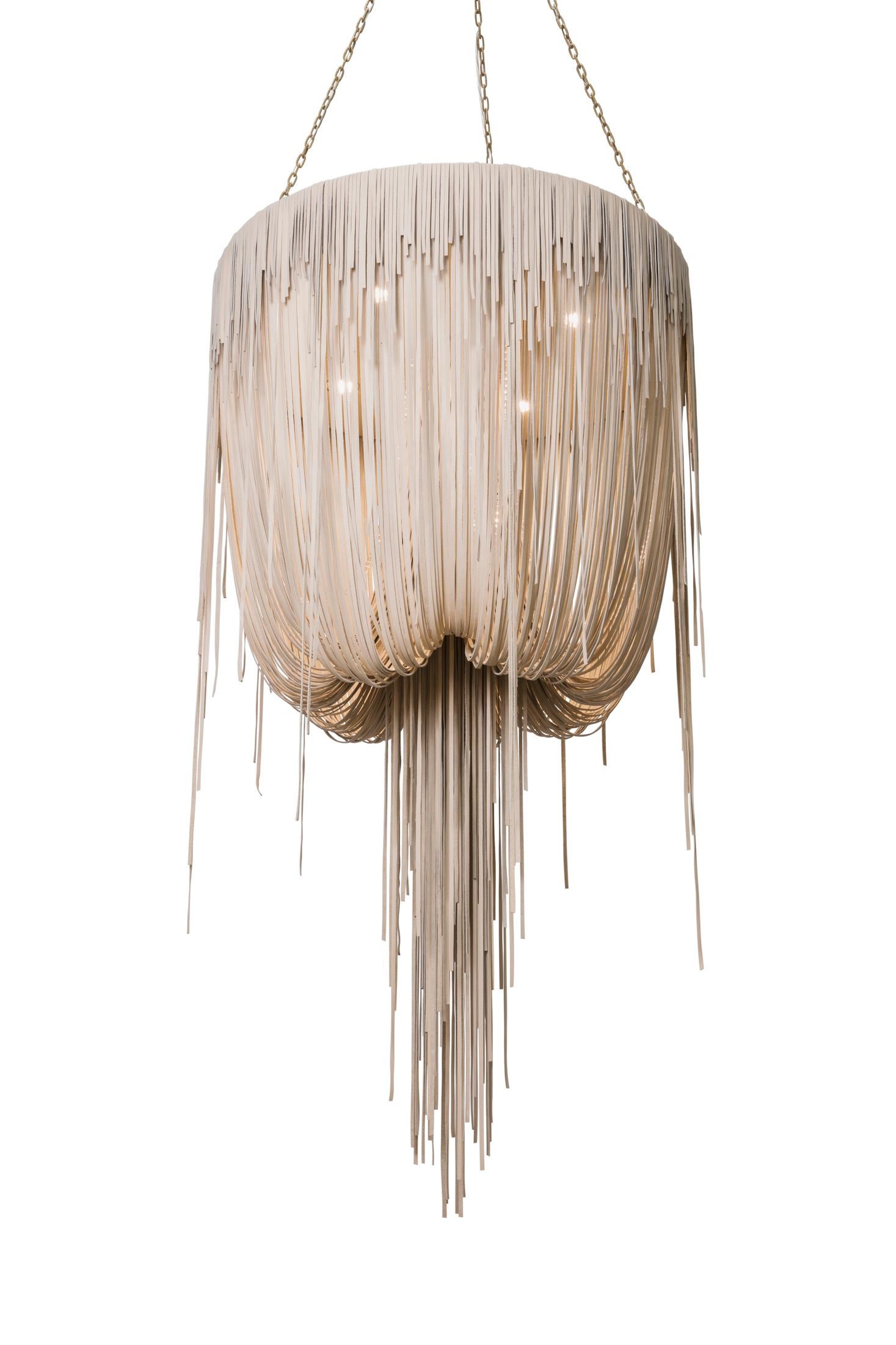 Urchin Leather Chandelier, Medium in Cream-Stone Leather For Sale 3