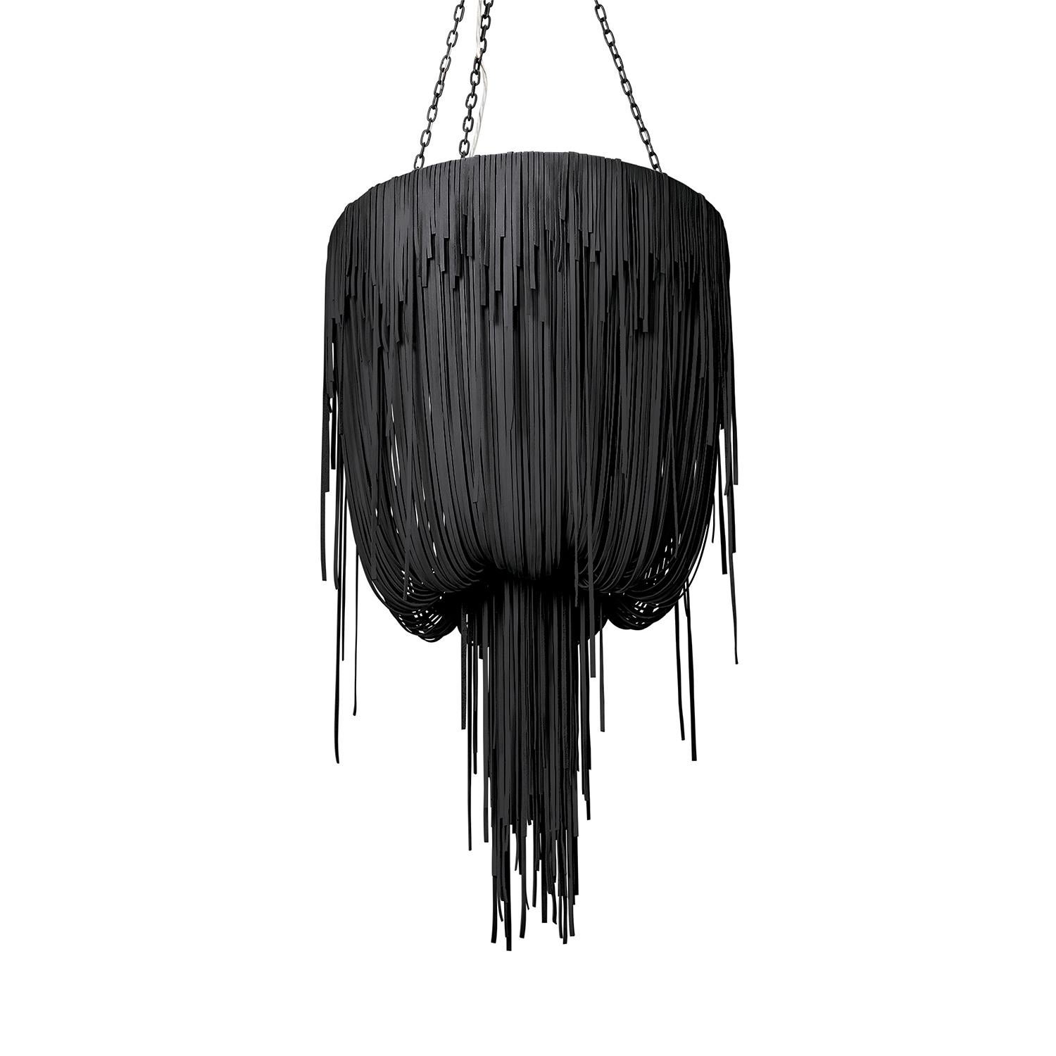 Subtly resembling a jellyfish, the Urchin Chandelier is handcrafted with varying lengths of stripped leather, creating delicate layers of movement and texture. The leather is draped by hand to give it a more feminine, organic feel. 

All