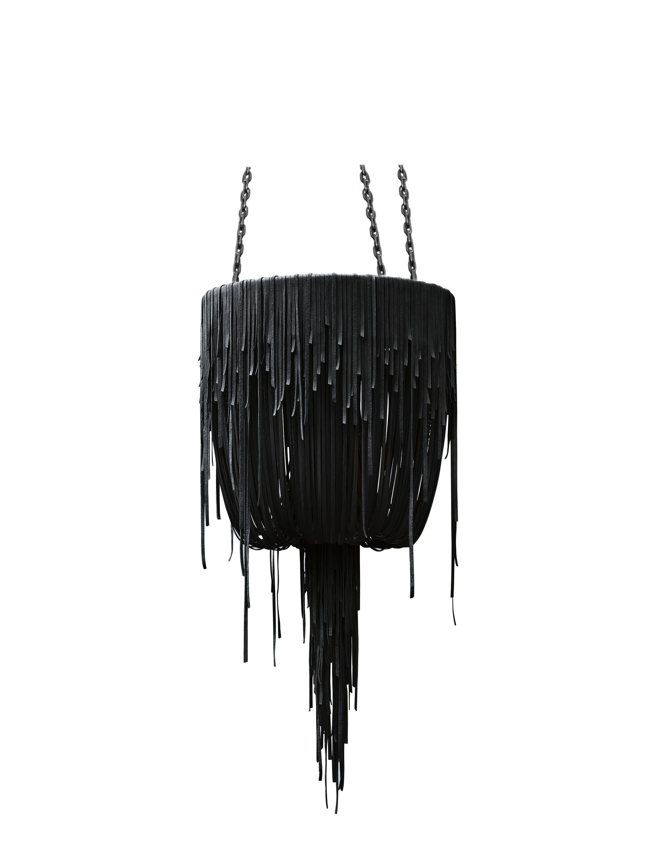 South African Chandelier-Small Urchin in Black Leather For Sale