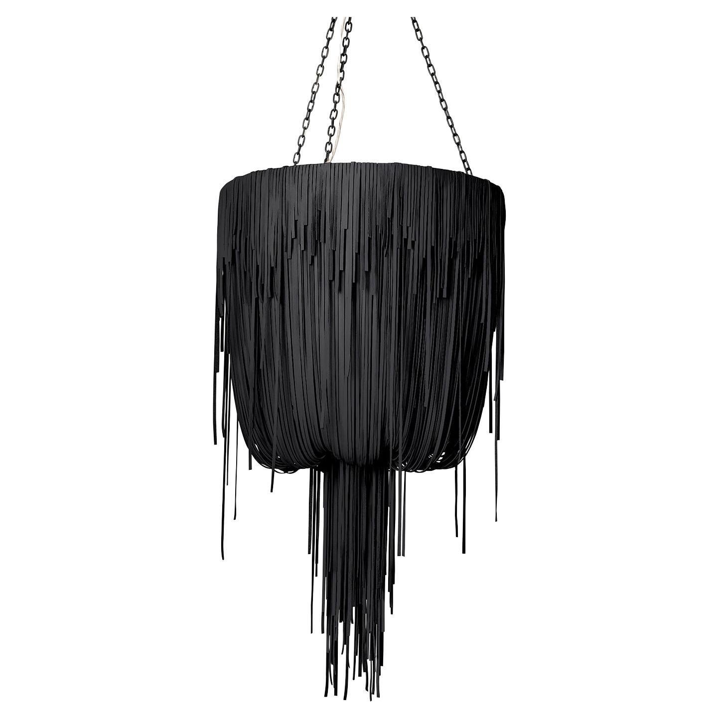 Chandelier-Small Urchin in Black Leather For Sale