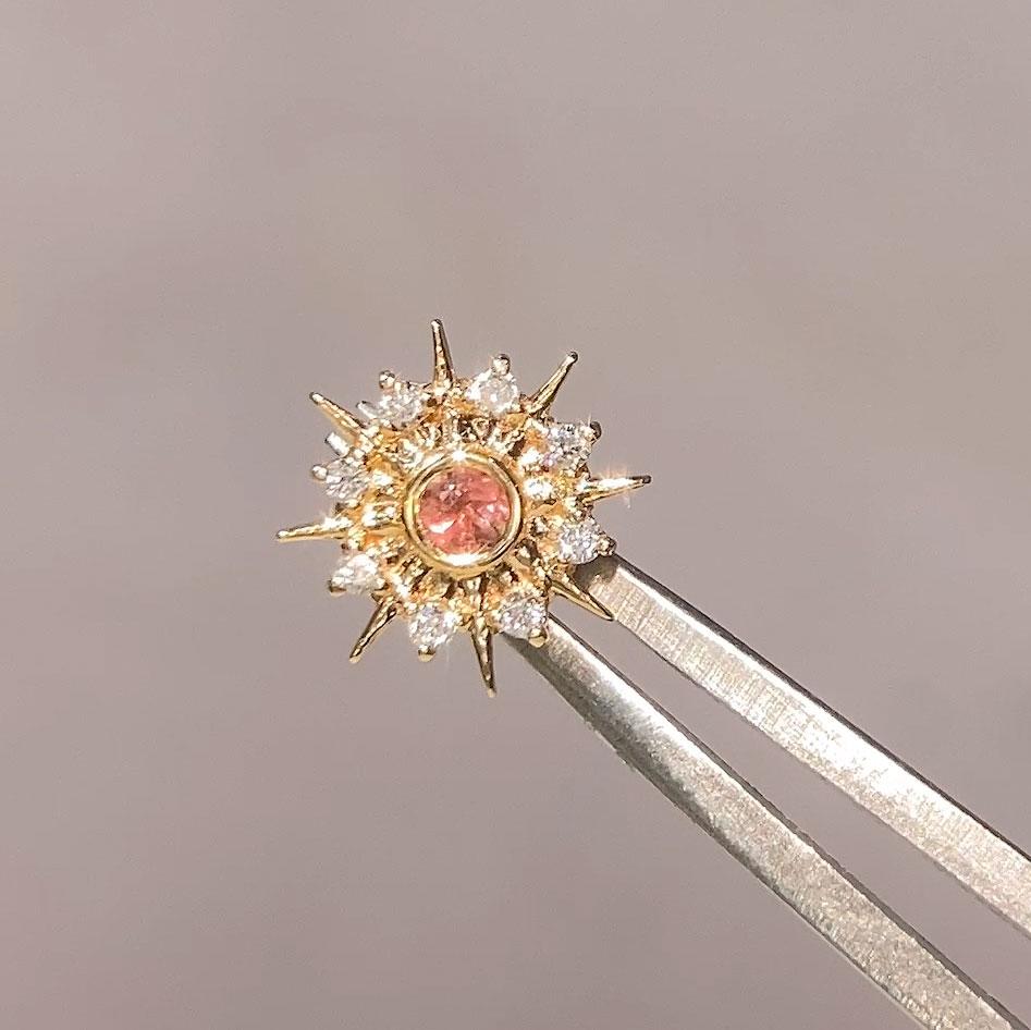 Contemporary Urchin Pink Tourmaline 18k Yellow Gold Stud Earrings For Sale