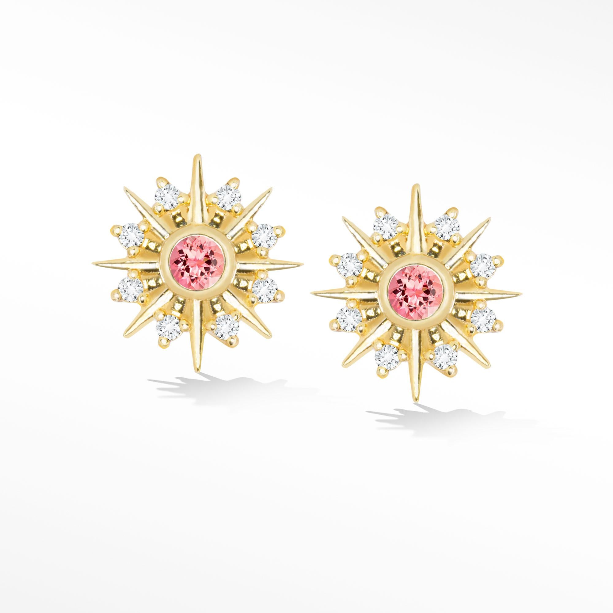 Urchin Pink Tourmaline 18k Yellow Gold Stud Earrings For Sale