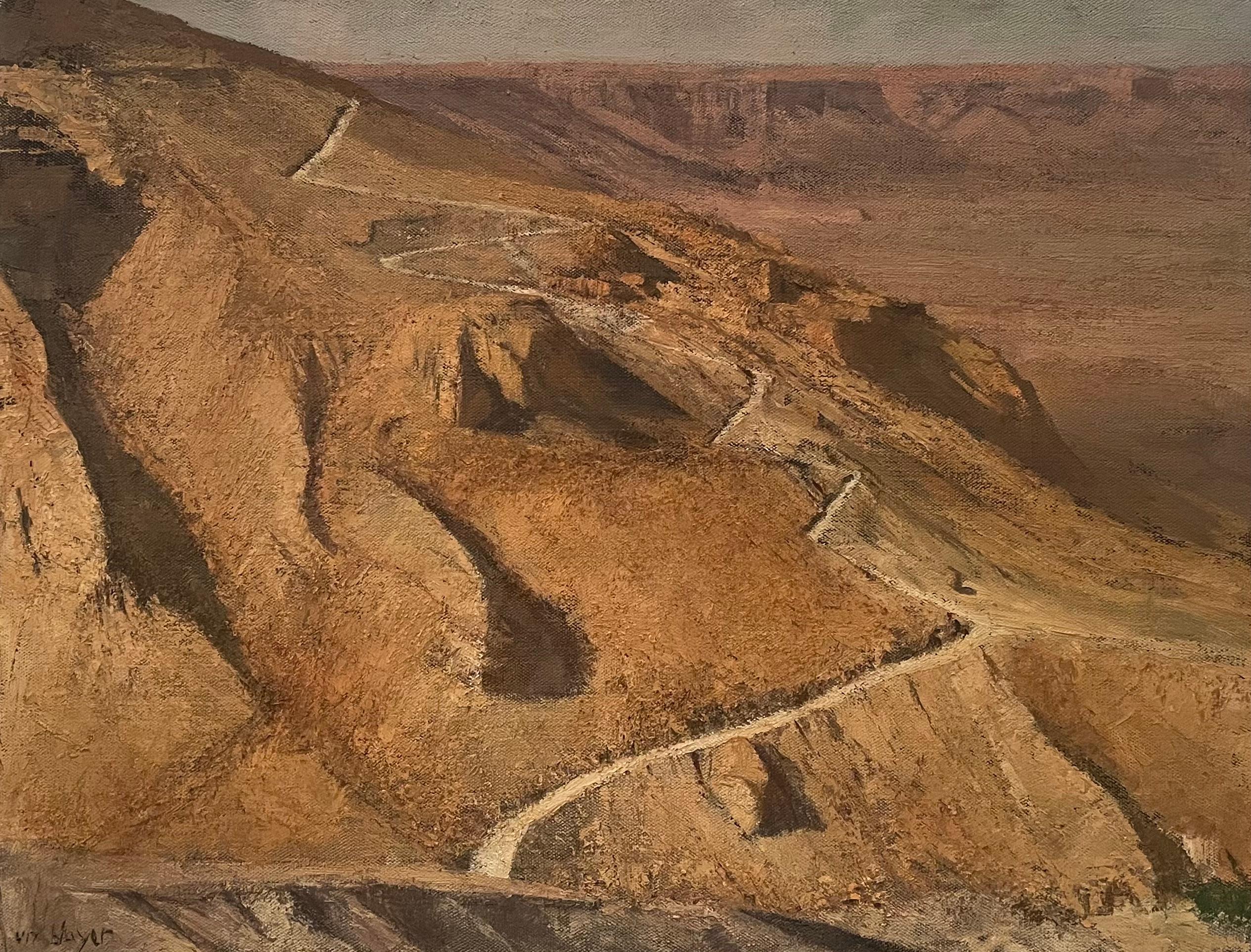 "The Snake Path, Masada" is a 25" x 32" oil on linen masterpiece by Israeli artist Uri Blayer, encapsulating the rugged and historical essence of the Judean Desert. Blayer's style is grounded in realism, with a touch of impressionistic flair,