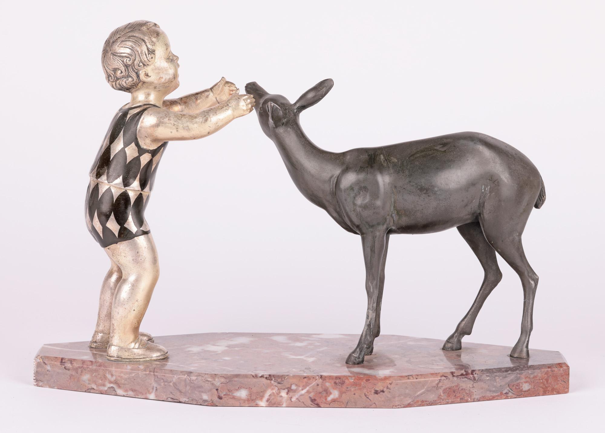 Uriano French Art Deco Child & Doe Marble Mounted Sculpture For Sale 3