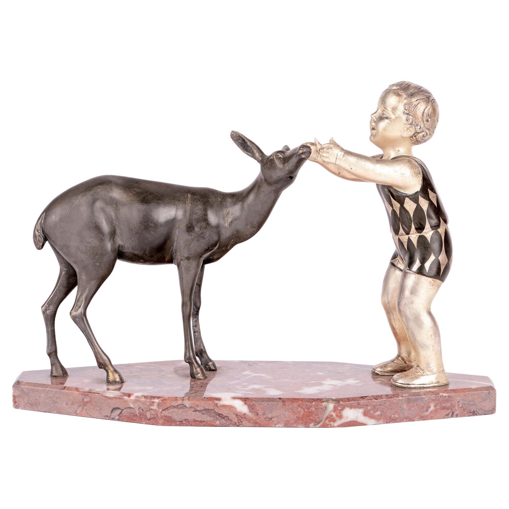 Uriano French Art Deco Child & Doe Marble Mounted Sculpture For Sale