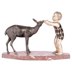 Antique Uriano French Art Deco Child & Doe Marble Mounted Sculpture