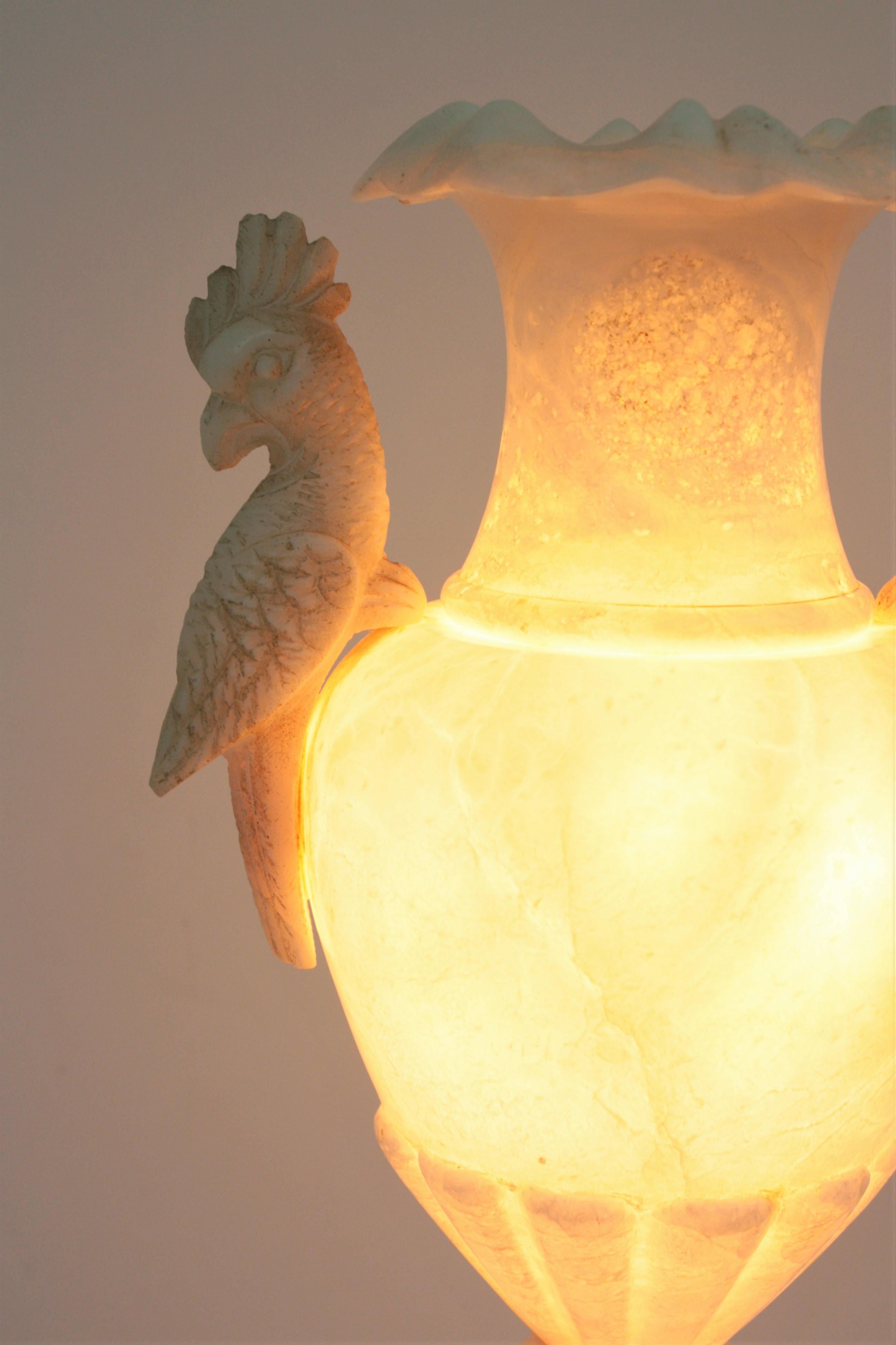 Hand-Carved Spanish Urn Amphora Alabaster Lamp with Parrot Handles For Sale