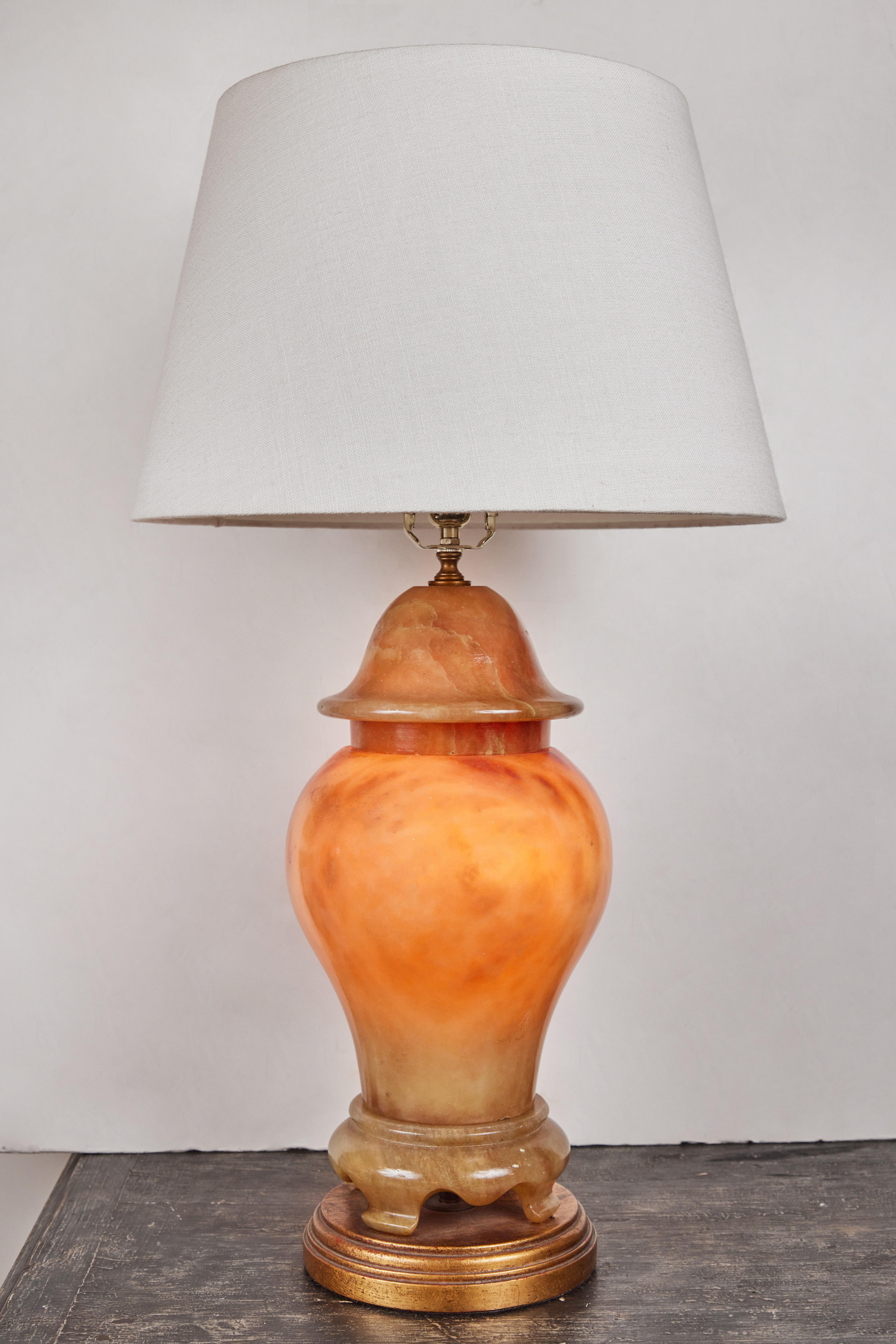 Carved Urn-Form Alabaster Table Lamps