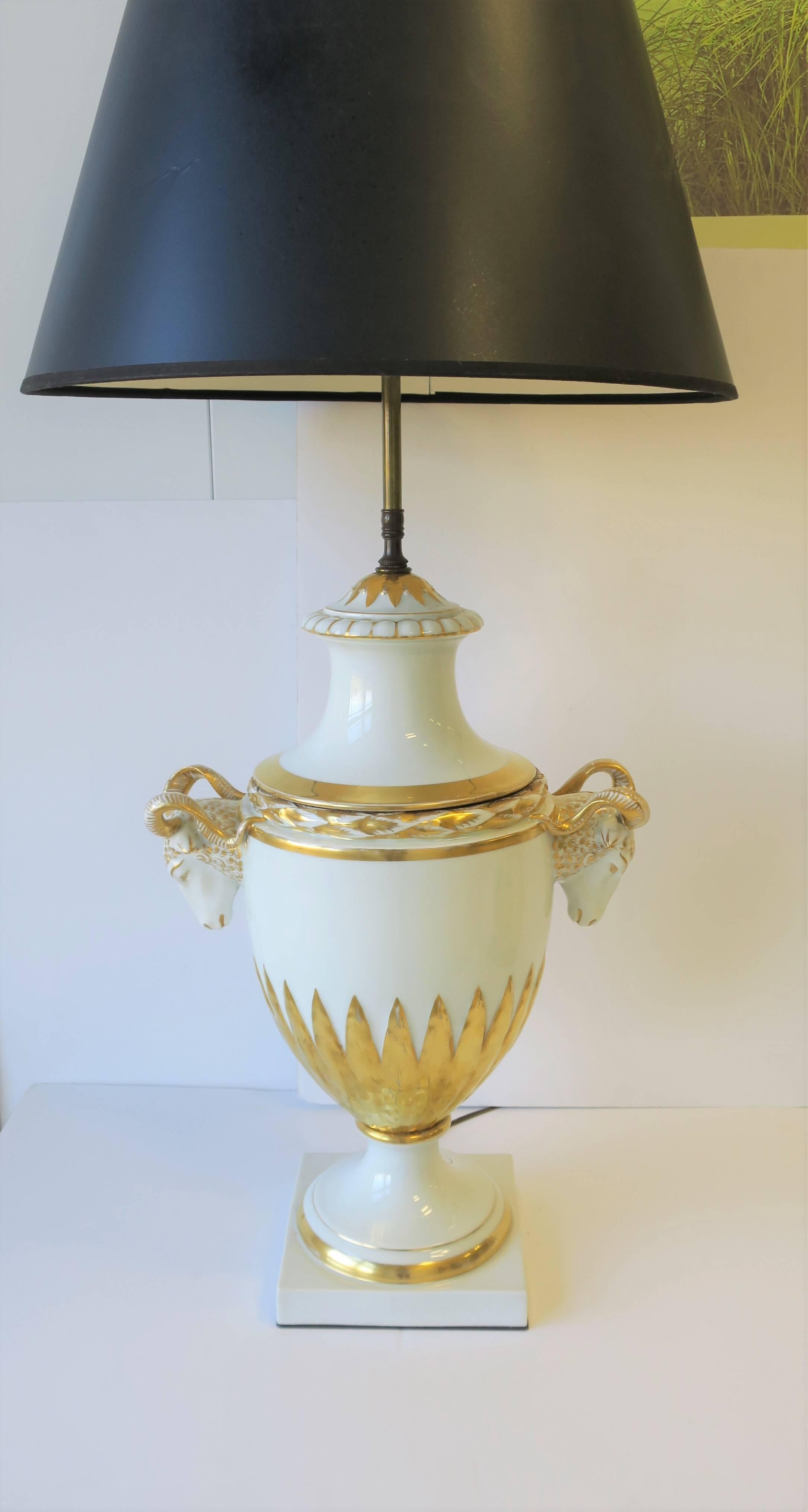 Glazed Urn and Rams Head White & Gold Porcelain Table Lamp Empire Style, German, Large For Sale