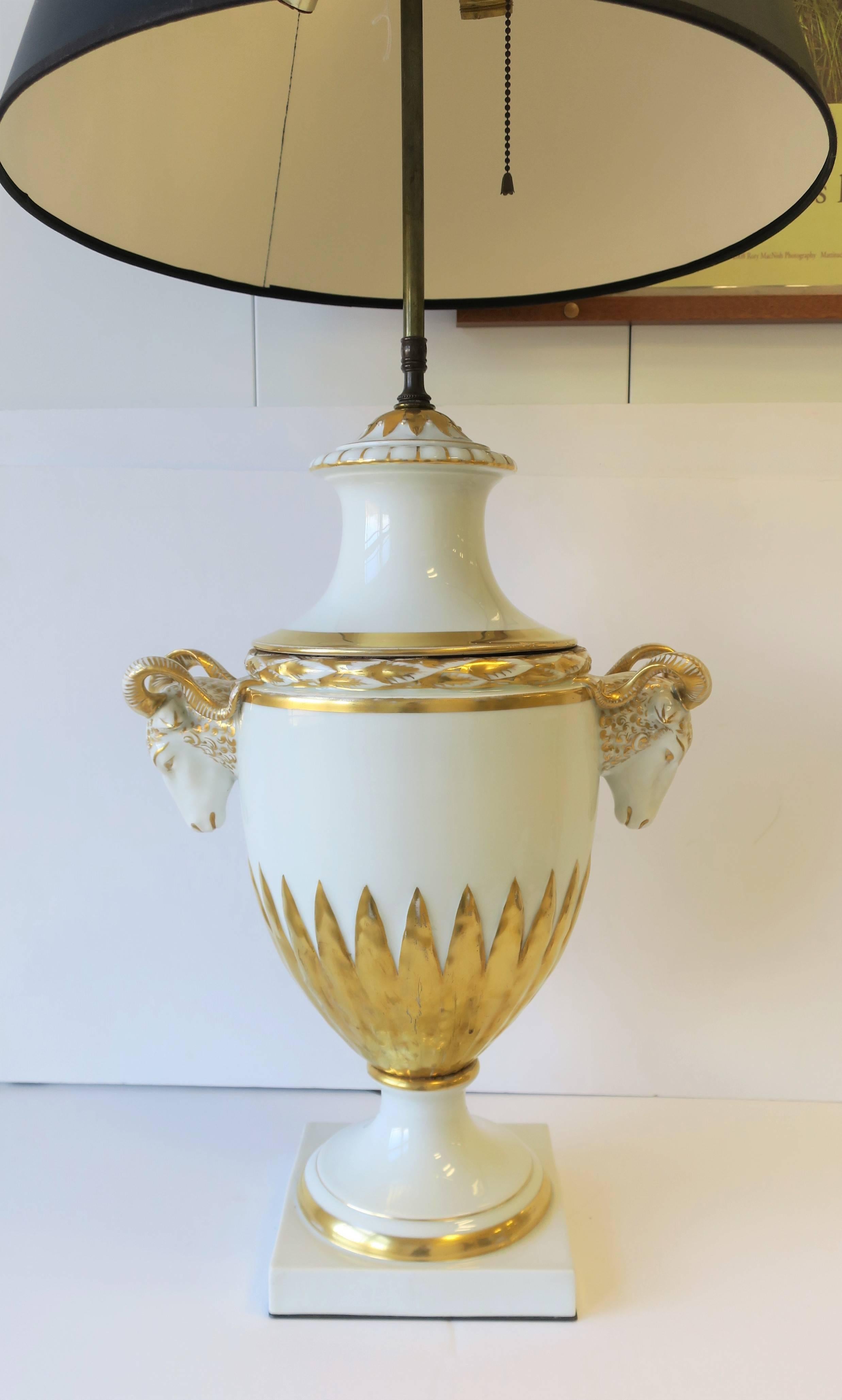 Urn and Rams Head White & Gold Porcelain Table Lamp Empire Style, German, Large In Good Condition For Sale In New York, NY