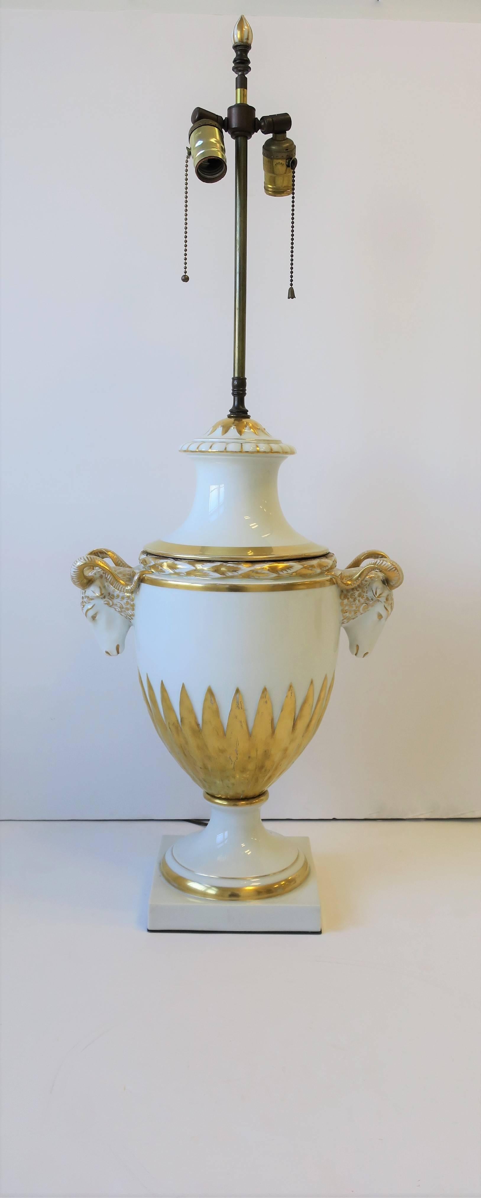 20th Century Urn and Rams Head White & Gold Porcelain Table Lamp Empire Style, German, Large For Sale