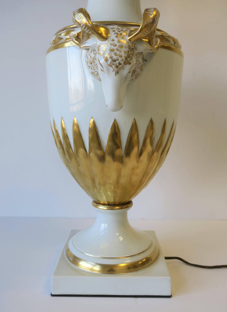 European Urn Form Rams Head White and Gold Porcelain Table Lamp, Large
