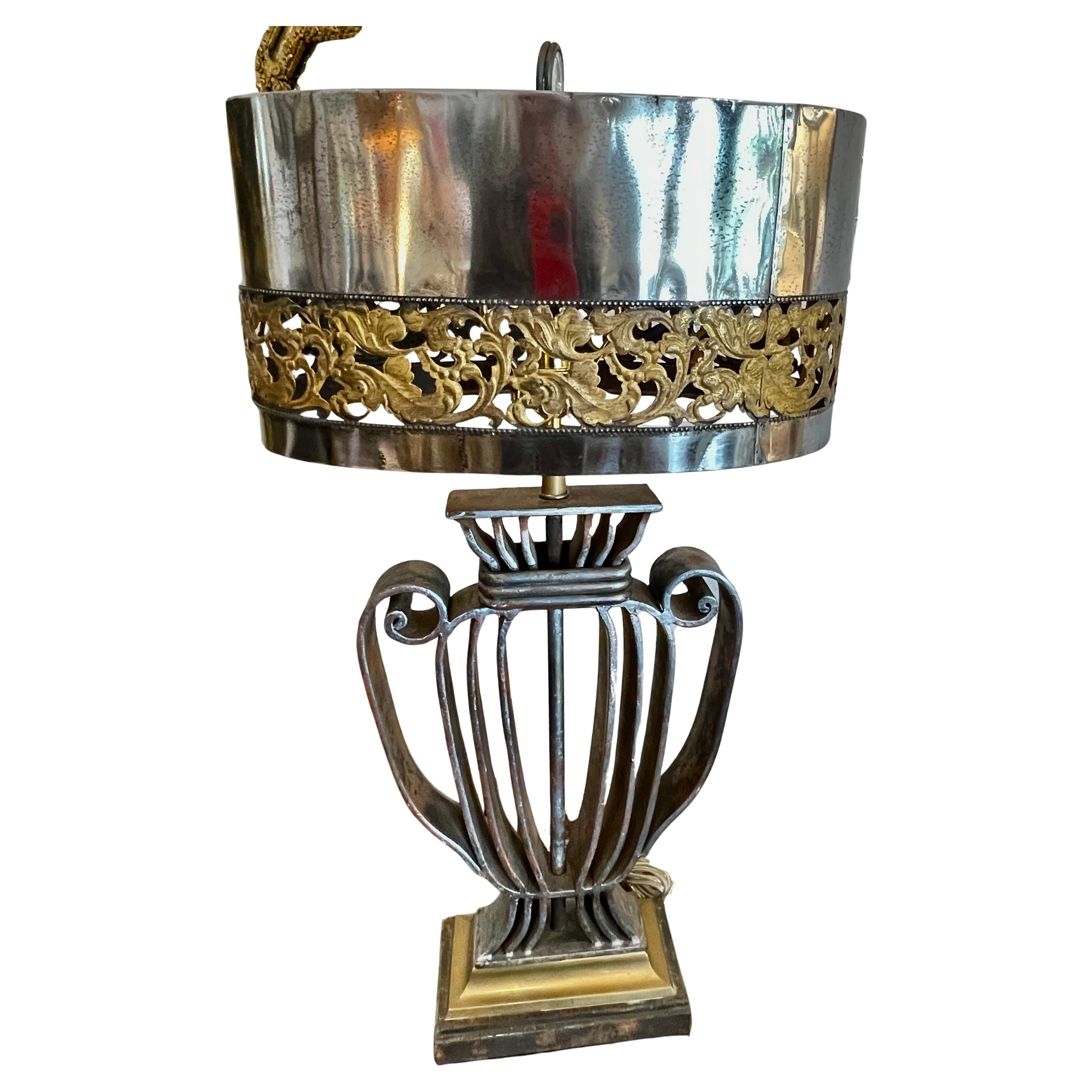 Rare Wrought IronWith  Polished Metal Shade Table Lamp,  France, 1940s For Sale 10