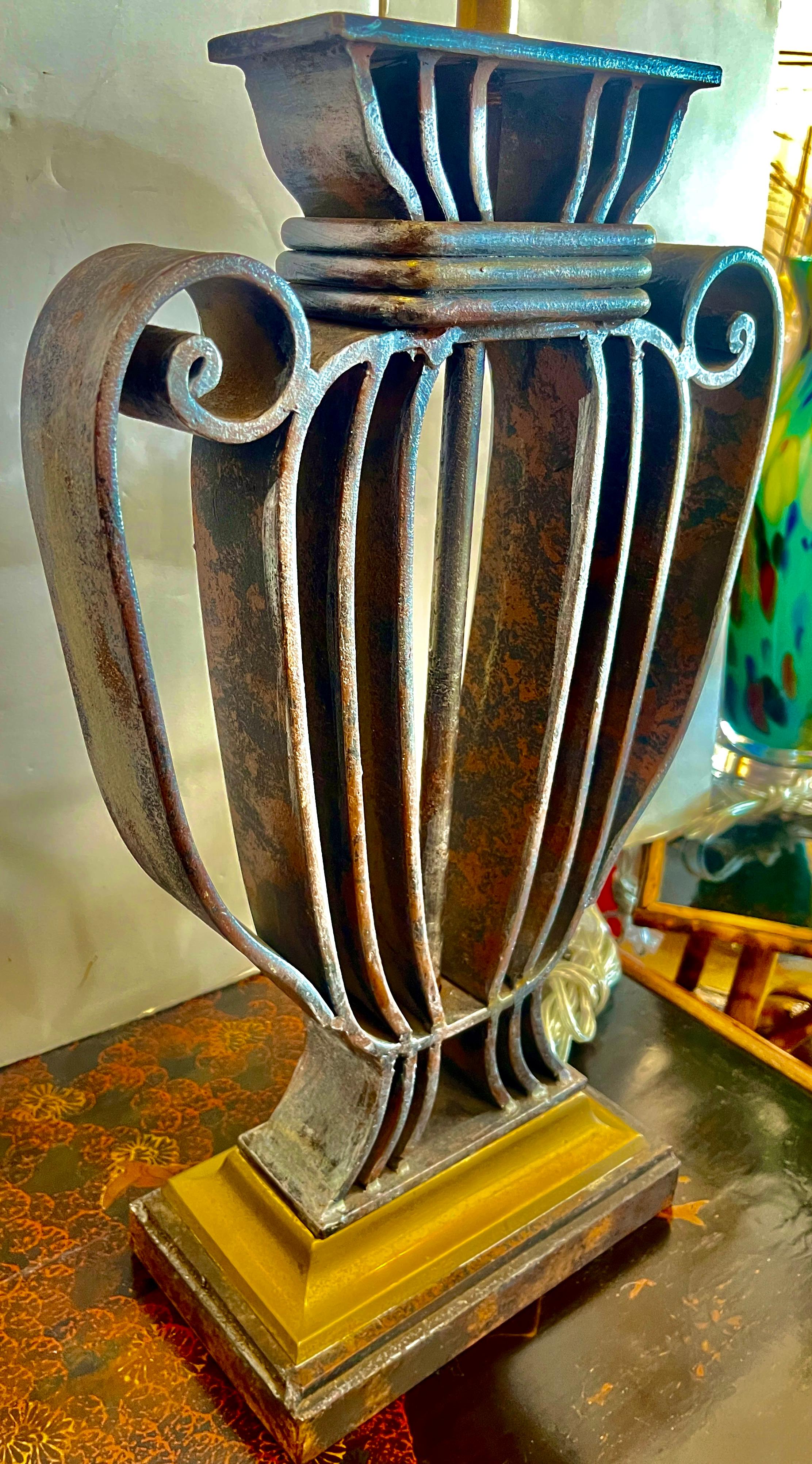 Rare Wrought IronWith  Polished Metal Shade Table Lamp,  France, 1940s For Sale 11