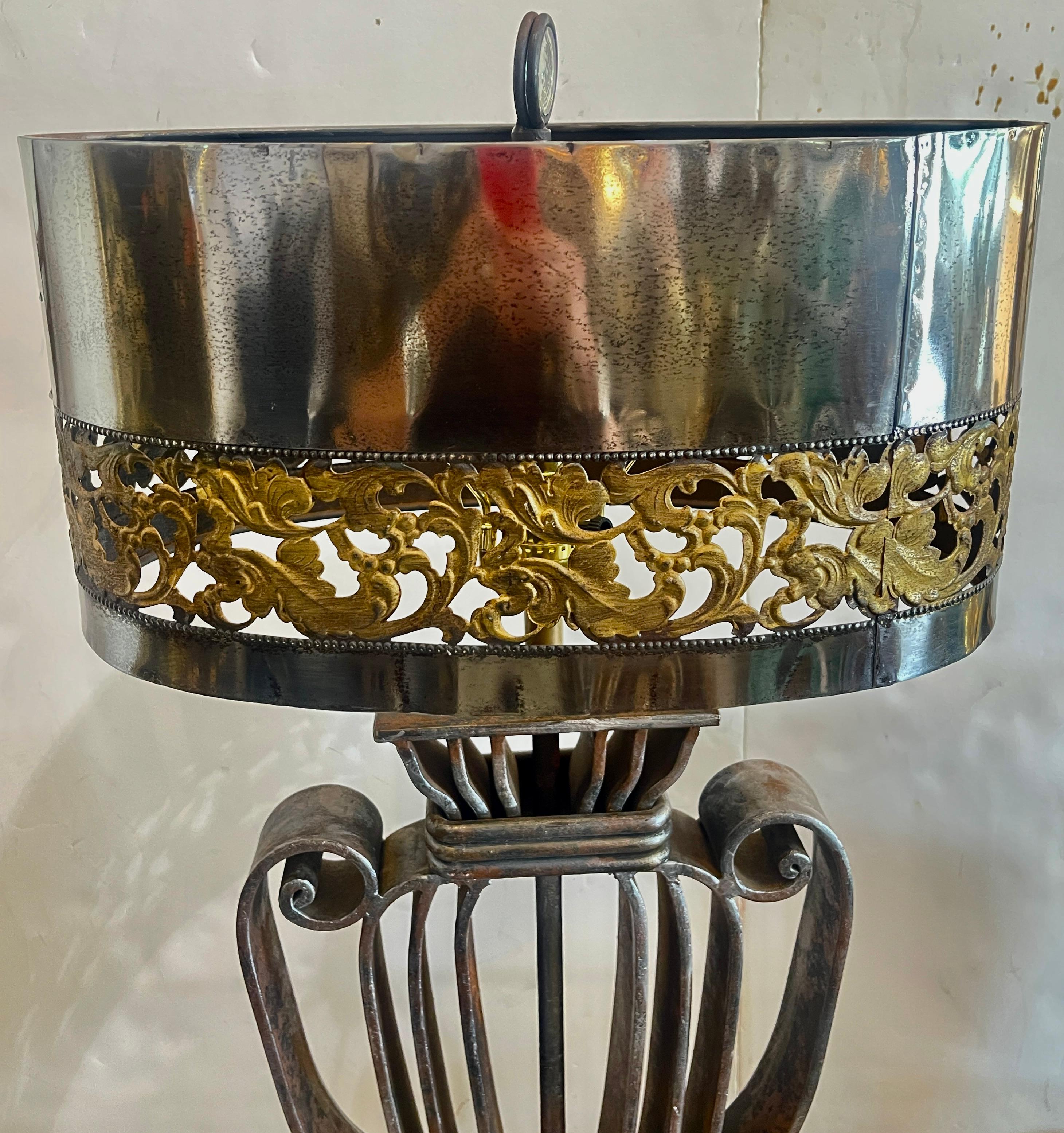 Art Deco Rare Wrought IronWith  Polished Metal Shade Table Lamp,  France, 1940s For Sale