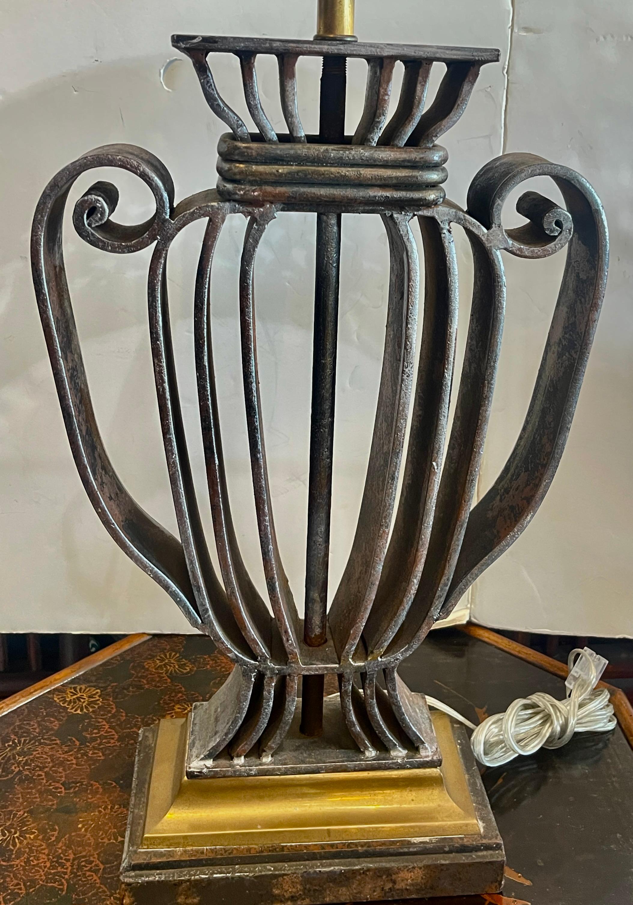 French Rare Wrought IronWith  Polished Metal Shade Table Lamp,  France, 1940s For Sale