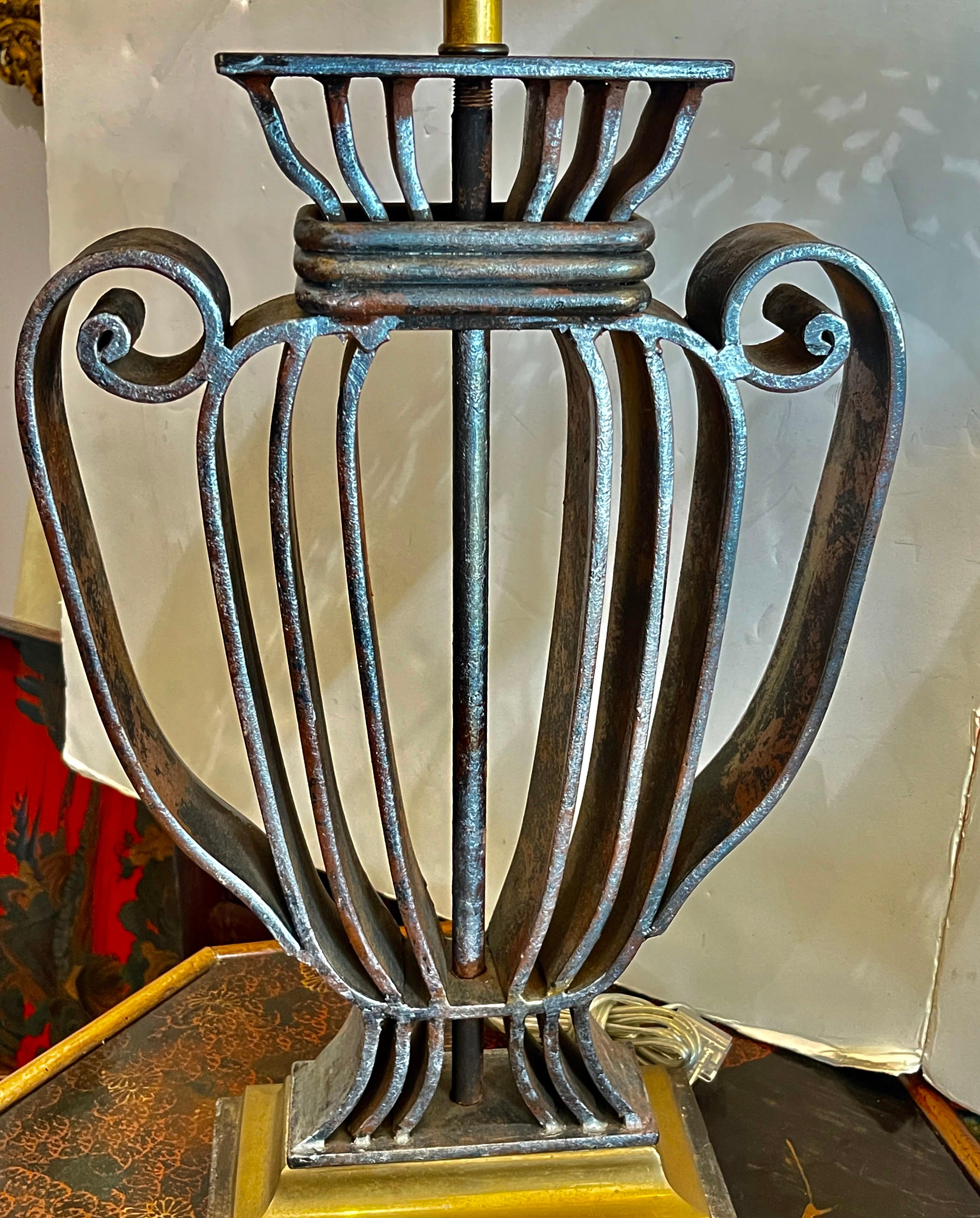 Hand-Crafted Rare Wrought IronWith  Polished Metal Shade Table Lamp,  France, 1940s For Sale