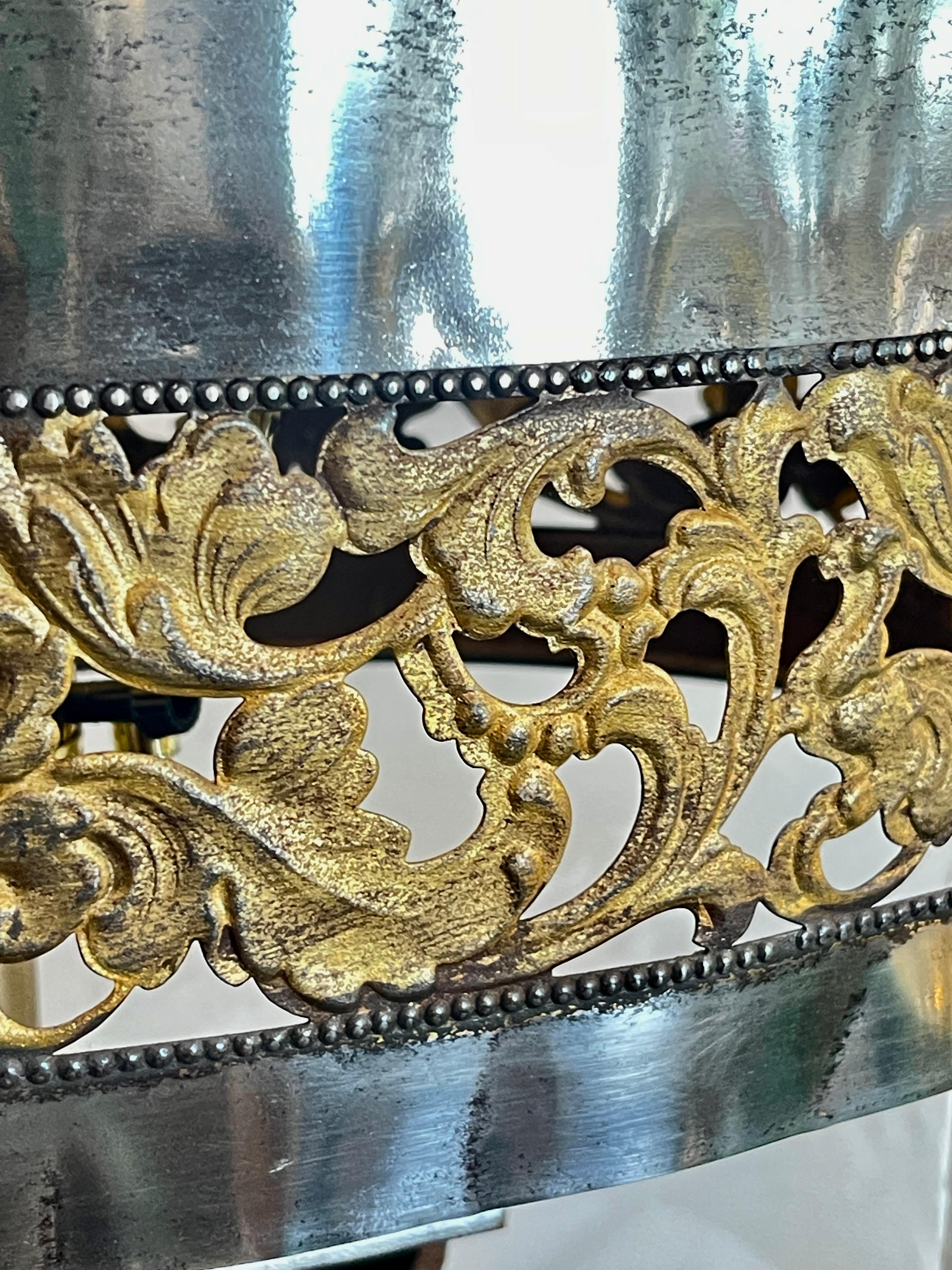 Rare Wrought IronWith  Polished Metal Shade Table Lamp,  France, 1940s In Good Condition For Sale In West Palm Beach, FL