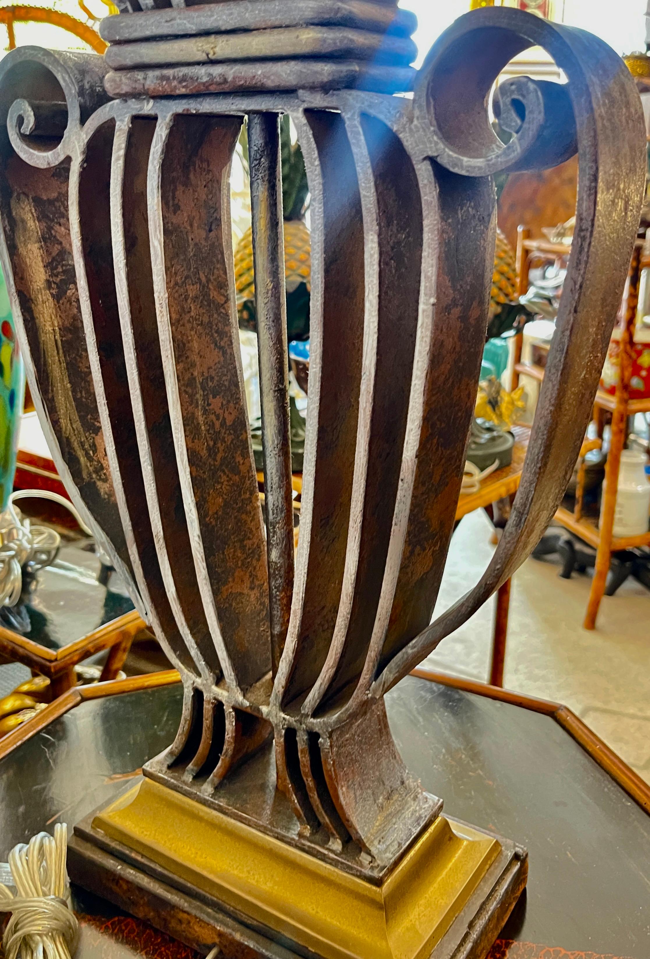 Mid-20th Century Rare Wrought IronWith  Polished Metal Shade Table Lamp,  France, 1940s For Sale