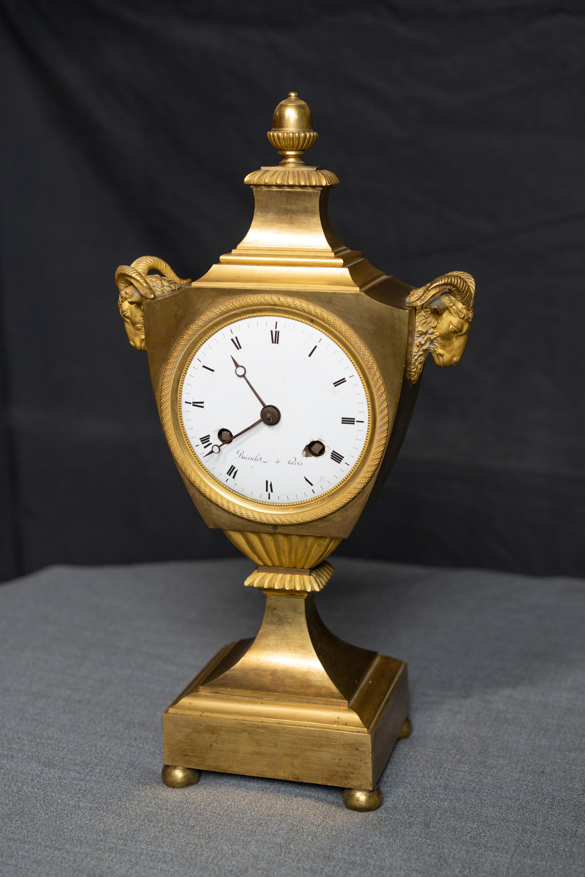 French Urn Shaped Louis XVI Period Gilt Bronze Rams Head Clock For Sale