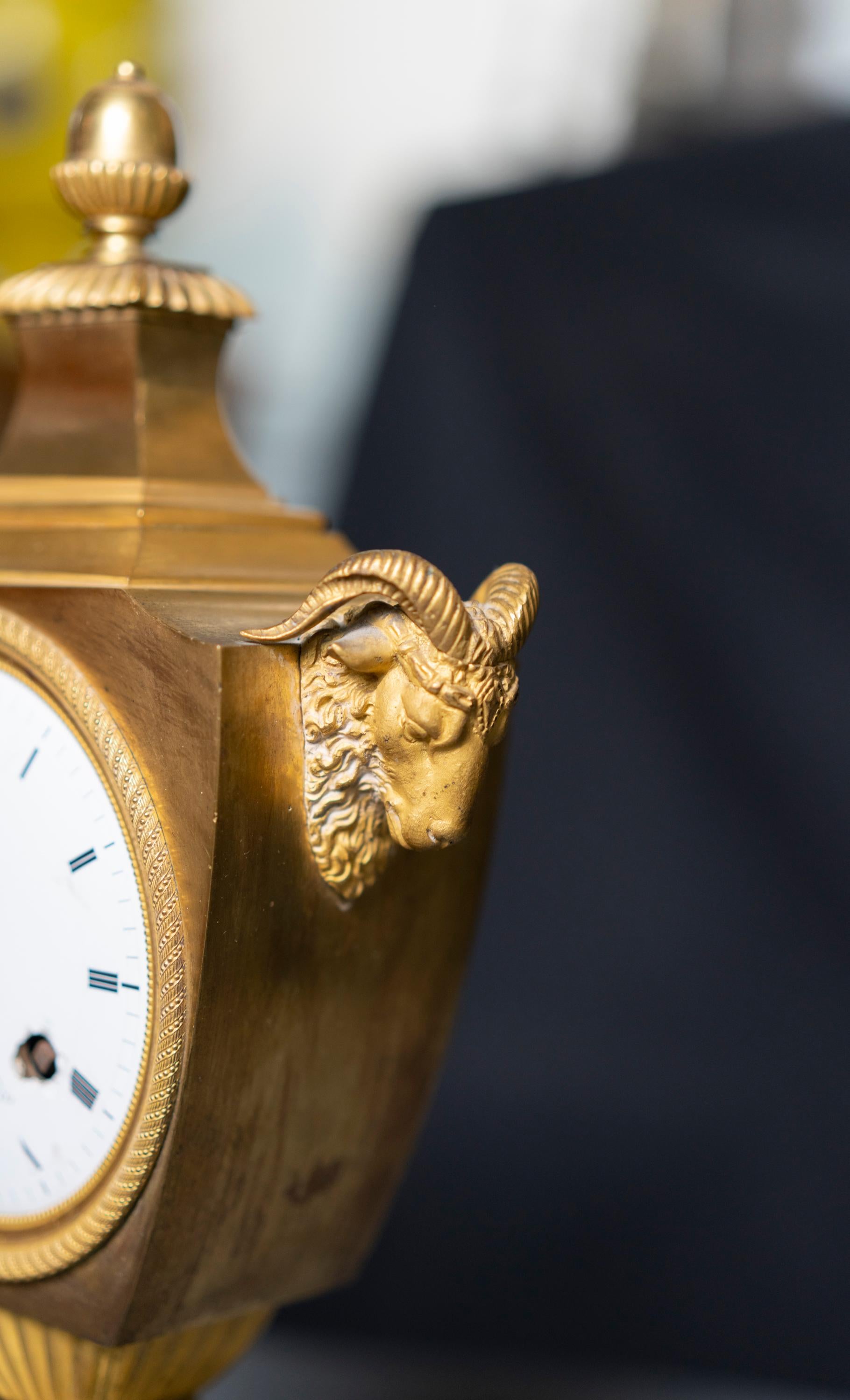 Urn Shaped Louis XVI Period Gilt Bronze Rams Head Clock For Sale 1