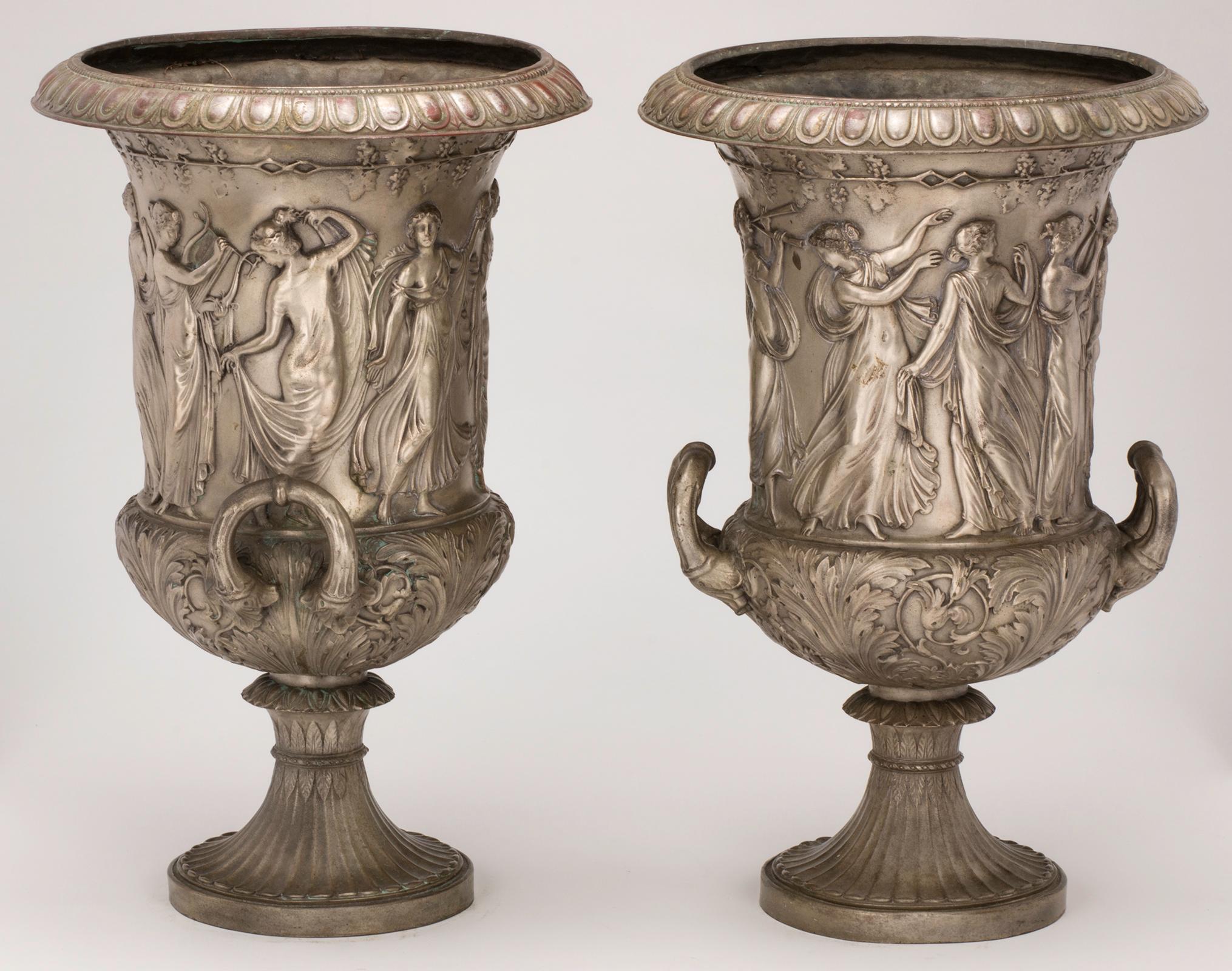 Classical Greek Large Planter Urns, 19th Century Bronze Medici Style, Pair For Sale