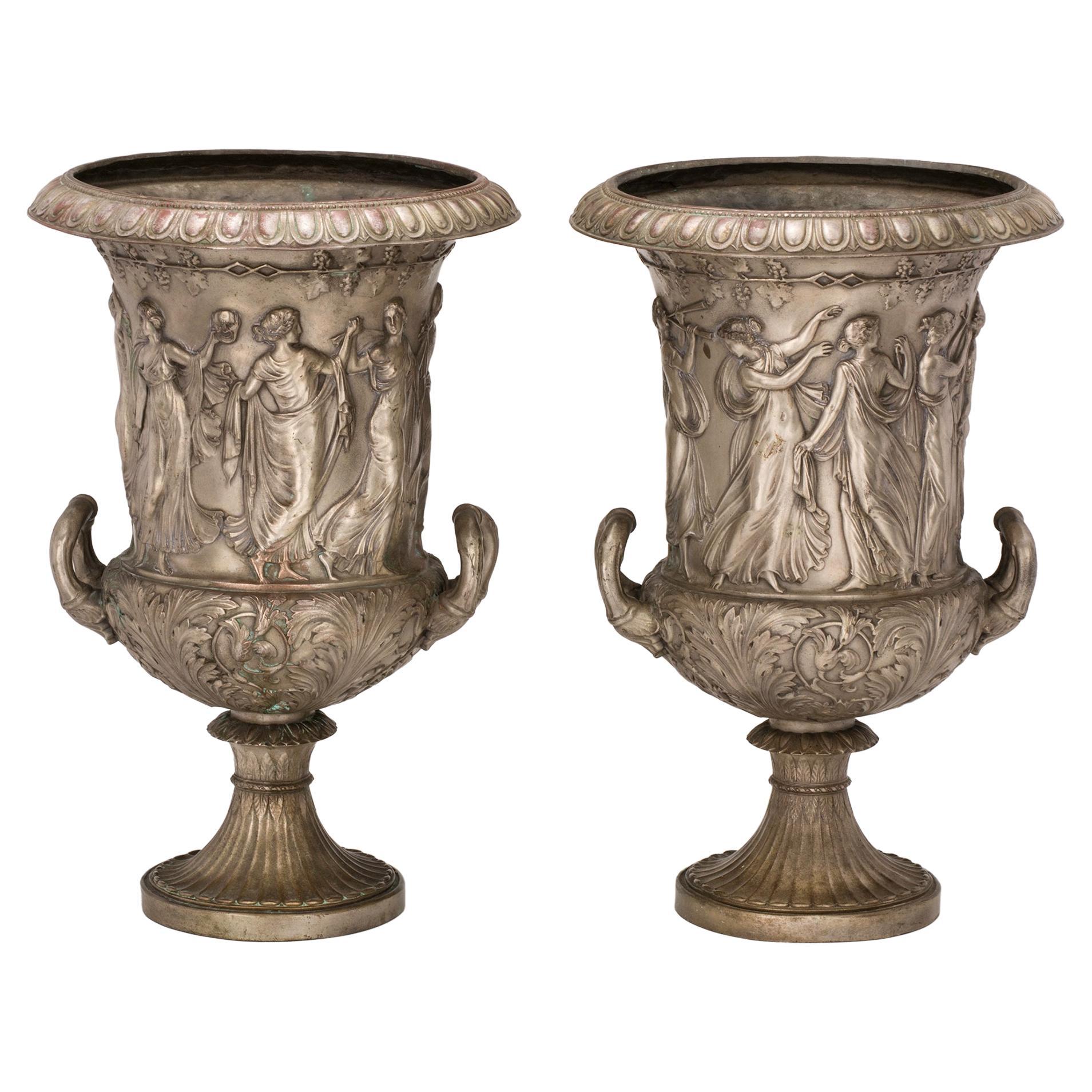 Large Planter Urns, 19th Century Bronze Medici Style, Pair For Sale
