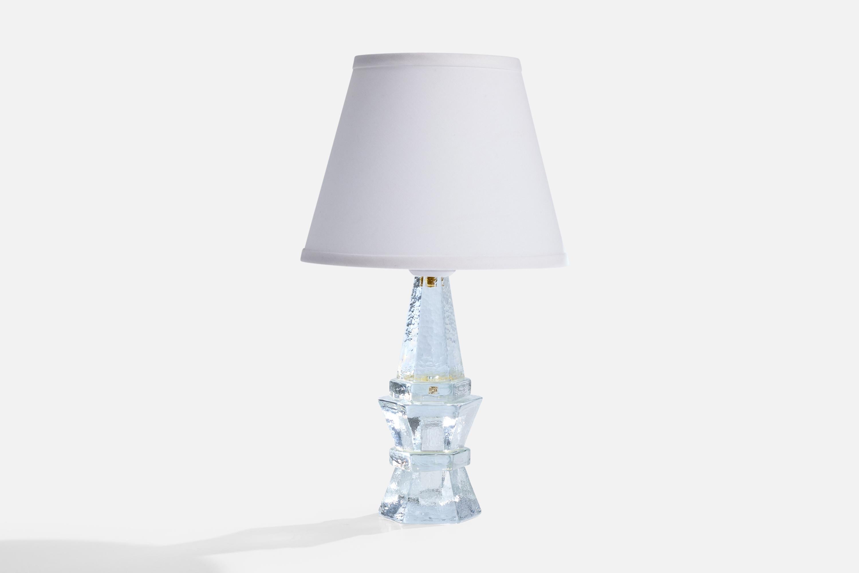 A glass table lamp produced by Urshult Glasbruk, Sweden, c. 1960s.

Dimensions of Shade (inches): 6” Top Diameter x 10” Bottom Diameter x 8” Height

Dimensions of Lamp with Shade (inches): 17.75” Height x 10” Diameter

Dimensions of Lamp (inches):
