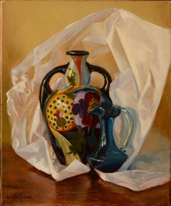 "Gouda Vase with Blue Pitcher" - Framed Contemporary Still Life Painting