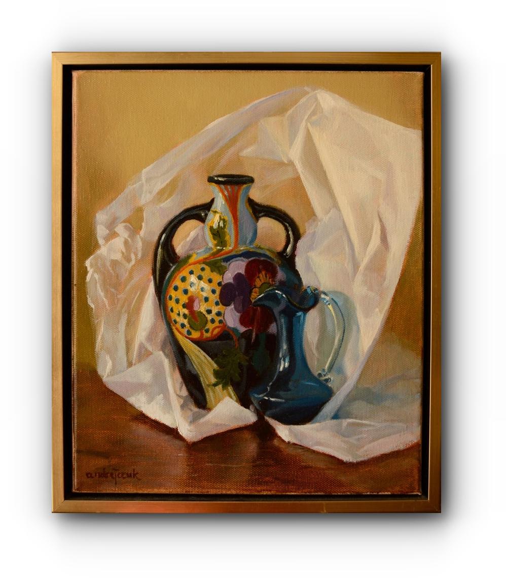 Ursula Andrejuk Still-Life Painting - "Gouda Vase with Blue Pitcher" - Framed Contemporary Still Life Painting