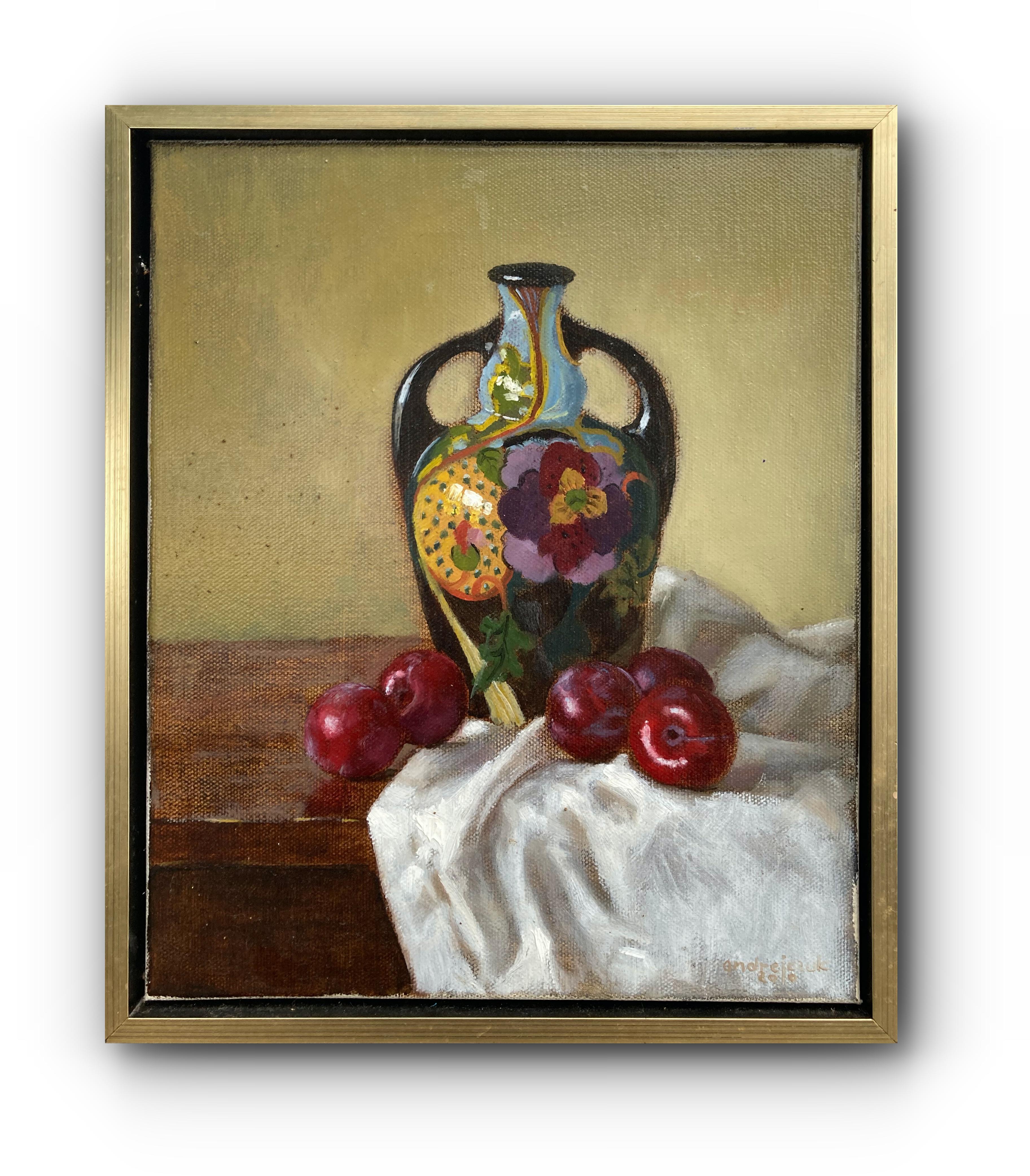 Ursula Andrejuk Still-Life Painting - "Gouda Vase with Plums" - Framed Still Life Painting