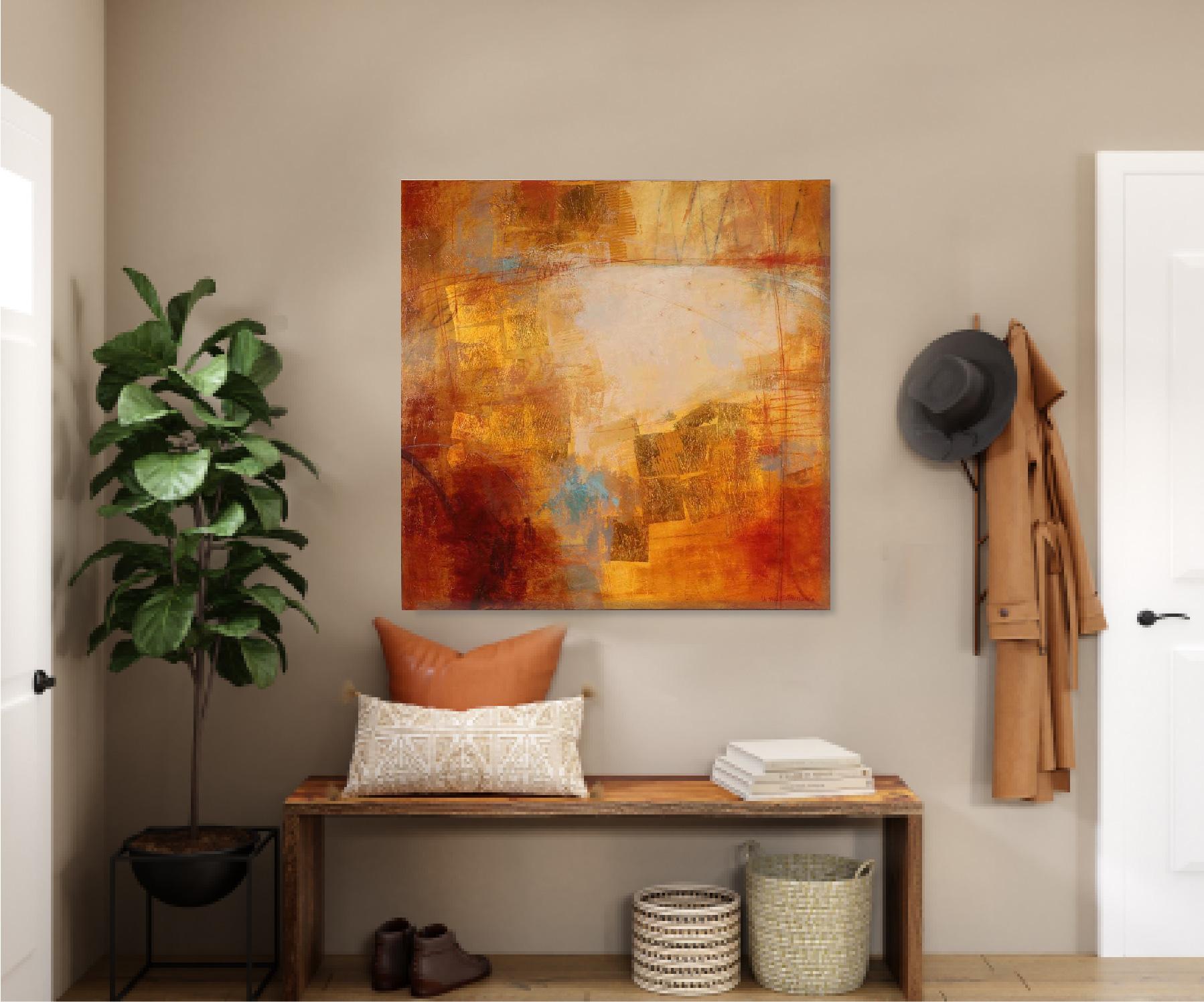 Abstract contemporary original painting- rich bronze, orange & goldleaf For Sale 3