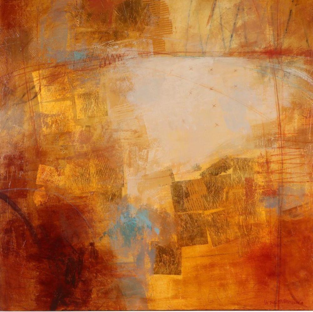 Abstract contemporary original painting- rich bronze, orange & goldleaf